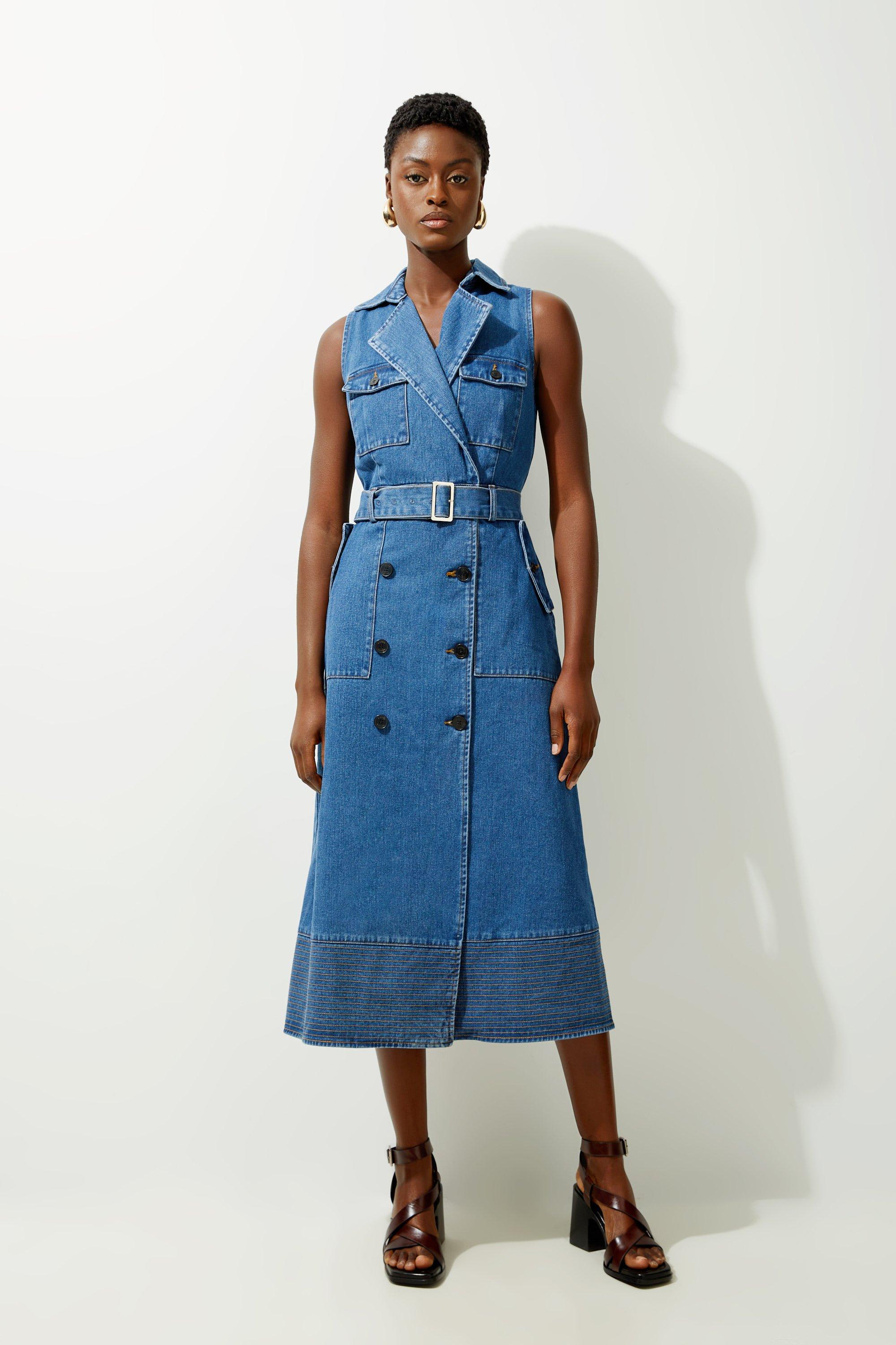 Denim Cargo Pocket Belted Sleeveless Shirt Wrap Dress - Mid Blue