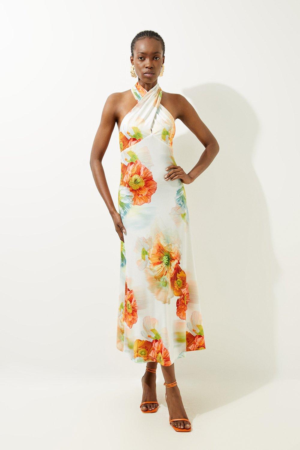 Abstract Printed Jersey Crepe Twist Neckline Maxi Dress - Floral