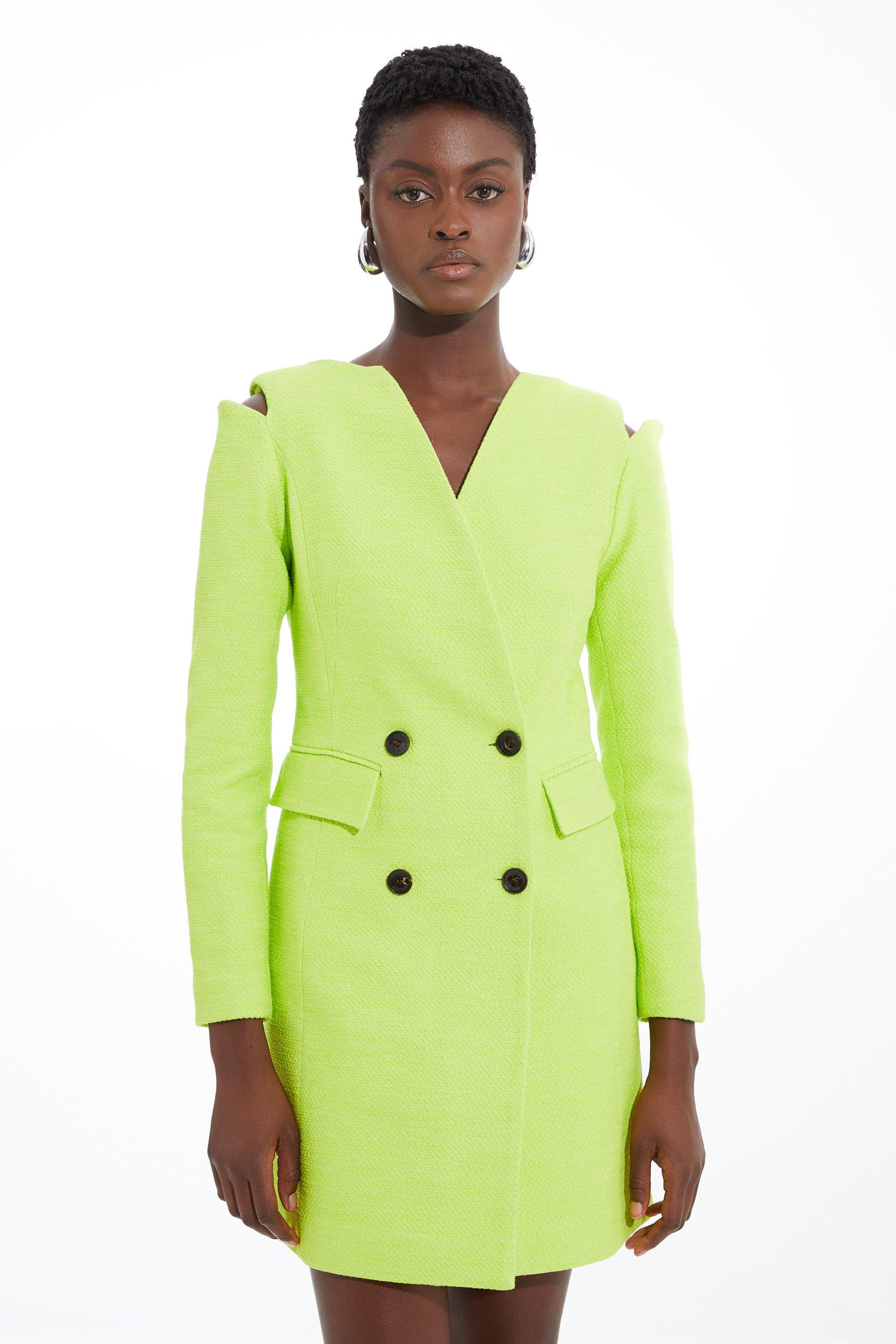 Boucle Cut Out Shoulder Tailored Double Breasted Blazer Mini Dress - Green