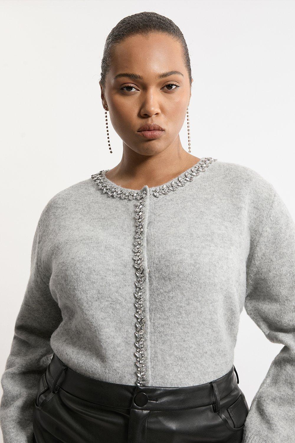Plus Size Embellished Trim Cosy Knit Cardigan – Grey