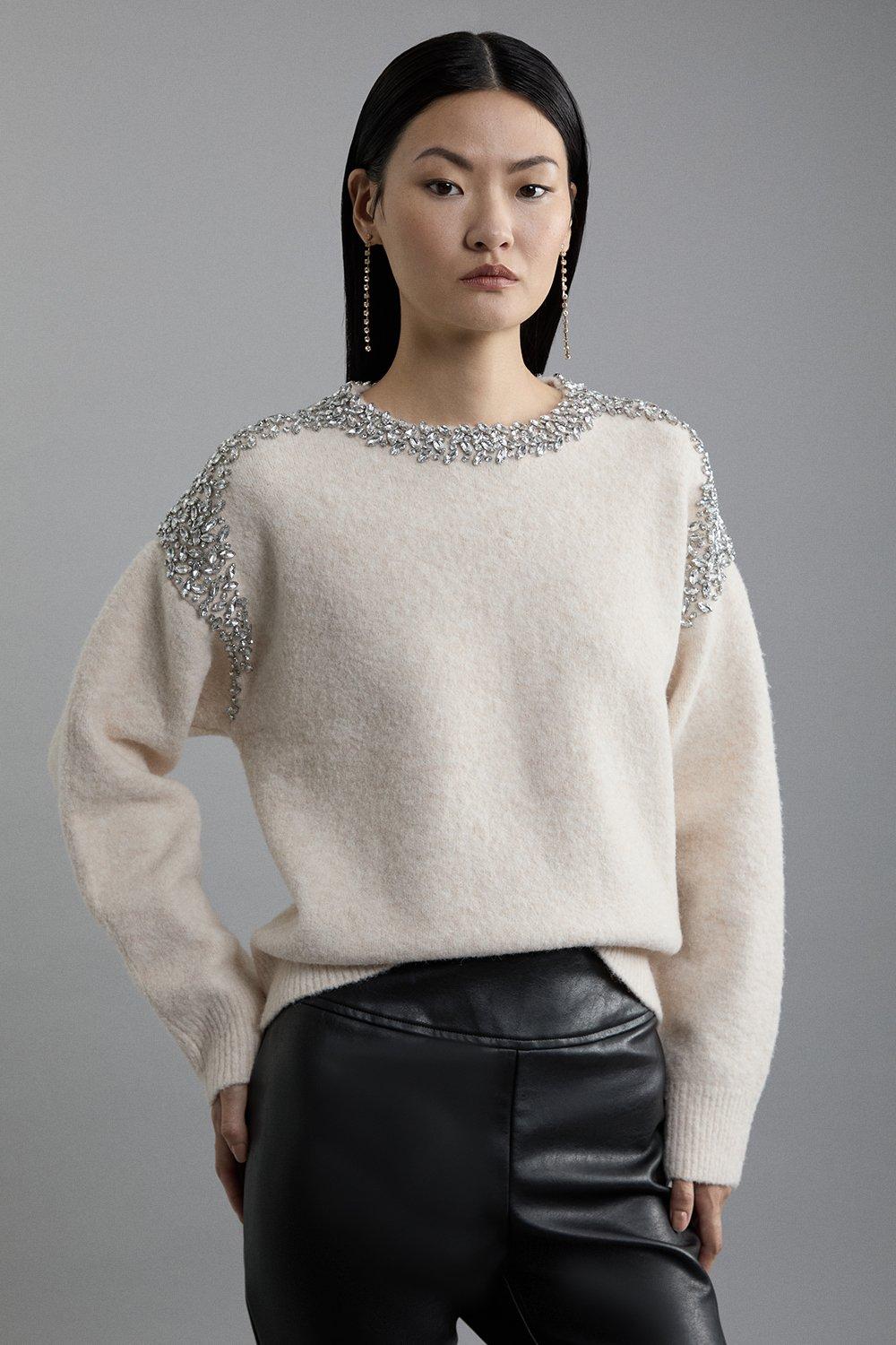 Embellished Trim Cosy Knit Jumper – Ivory