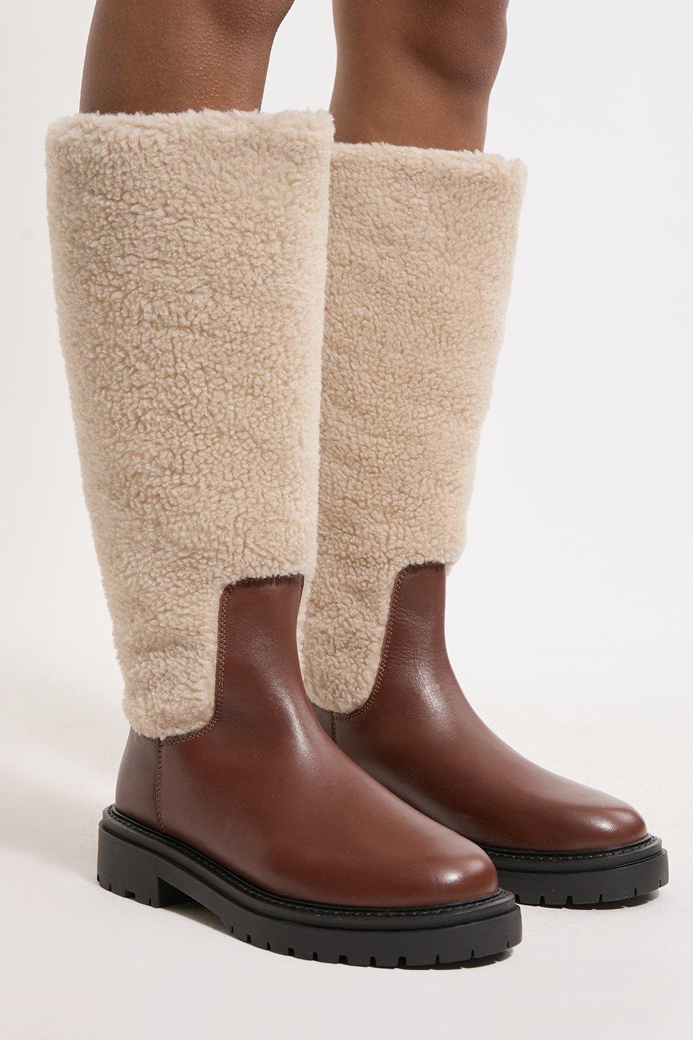 Leather Fur Lined Chunky Calf Boot - Tan