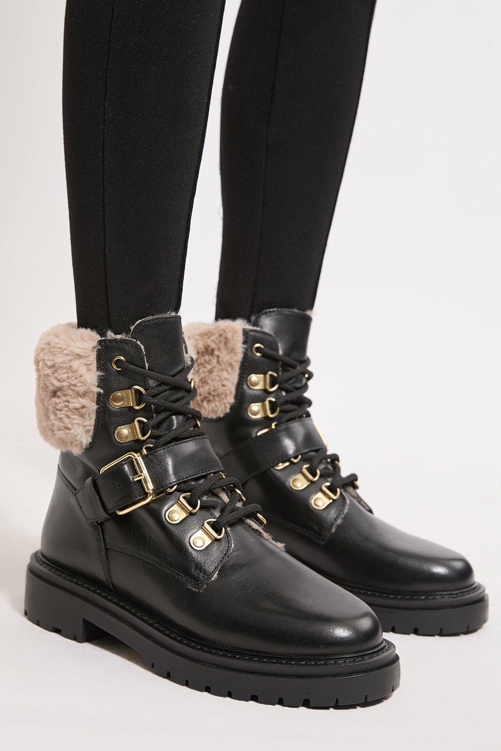 Leather Fur Lined Chunky Lace Up Worker Boot - Black