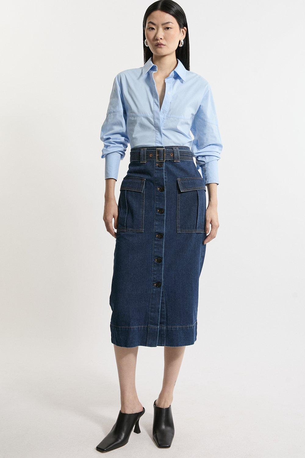 Denim Cargo Pocket Belted Midi Skirt - Indigo