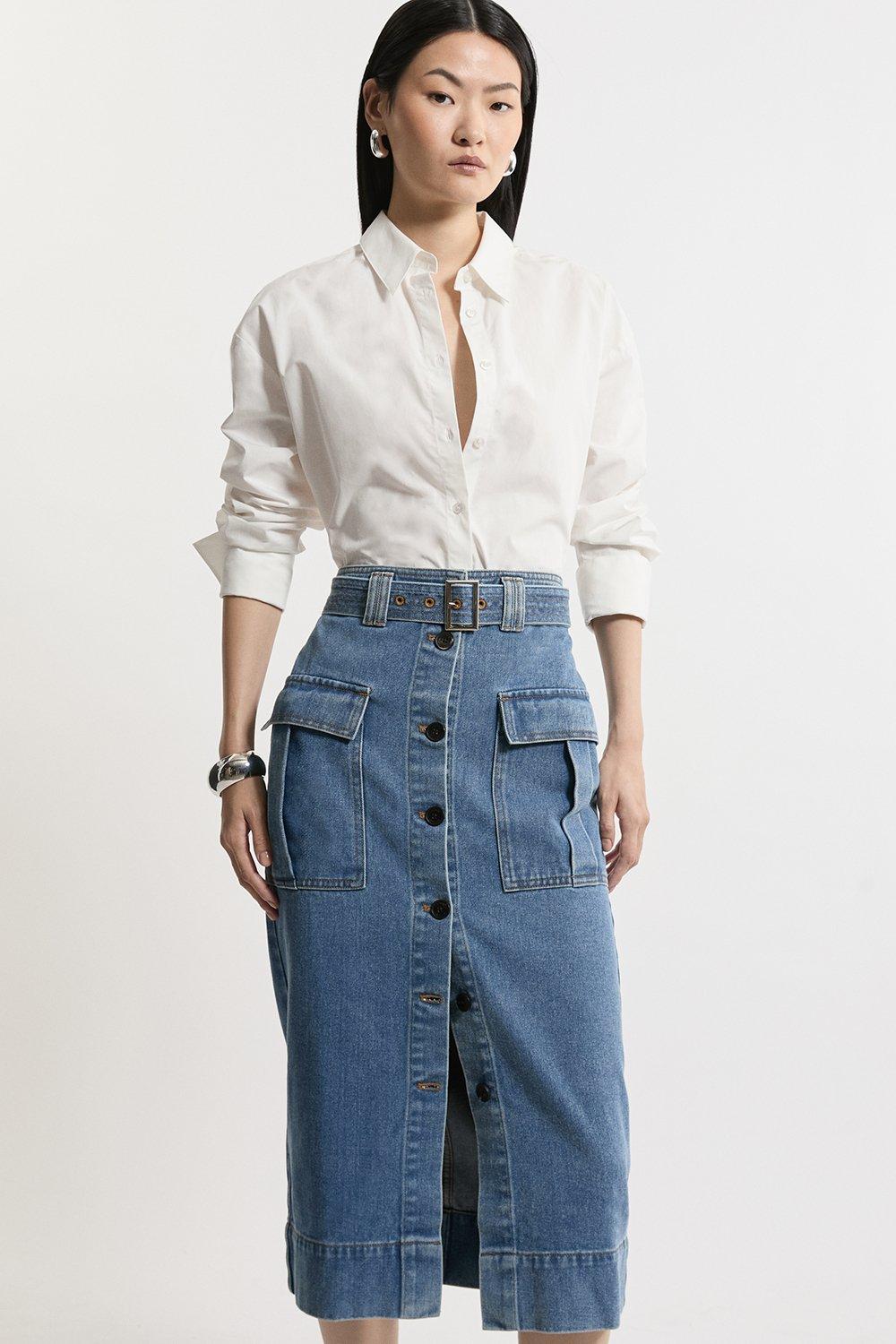 Denim Cargo Pocket Belted Midi Skirt - Mid Wash