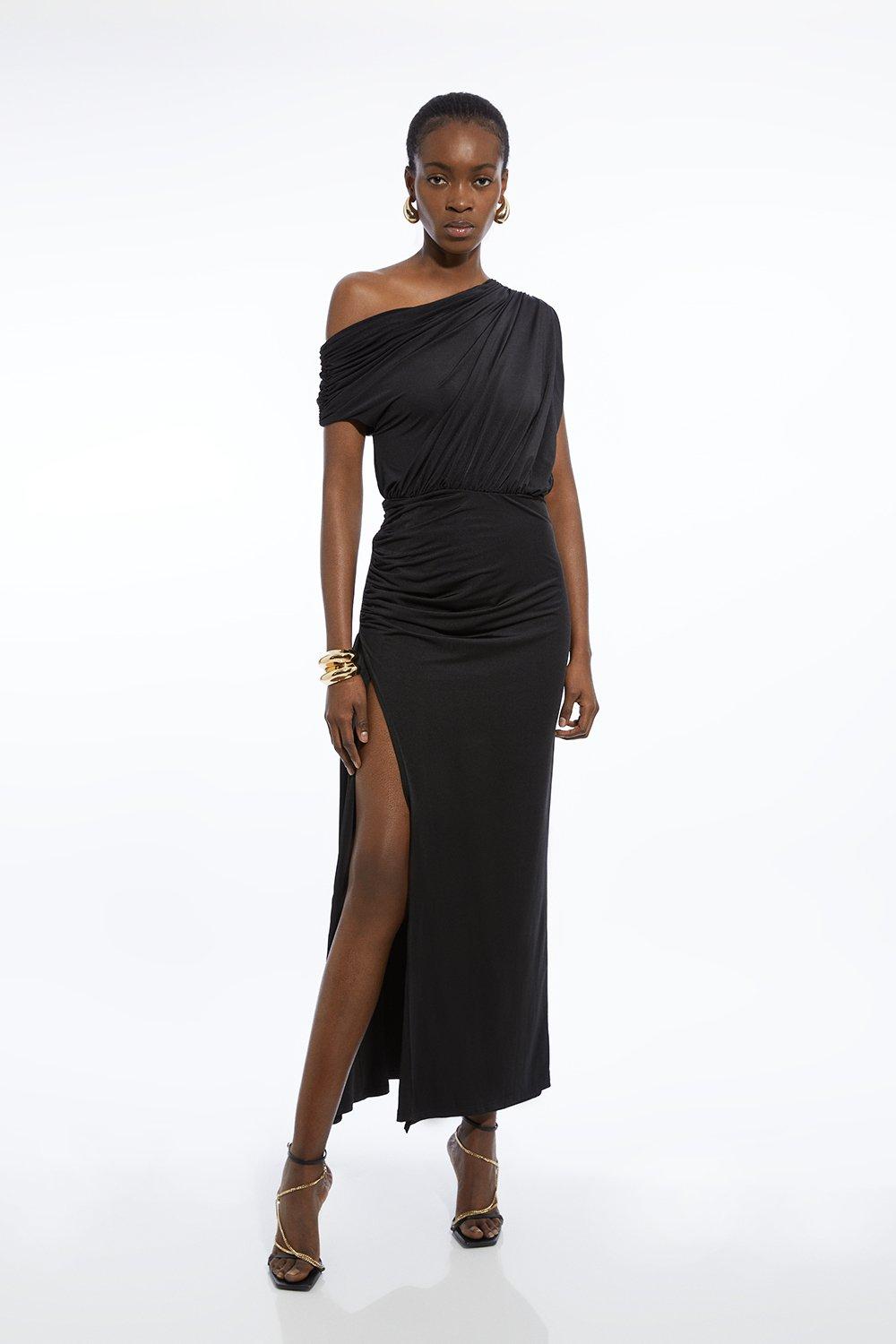 Drapey Slinky Jersey One Shoulder Maxi Dress - Black