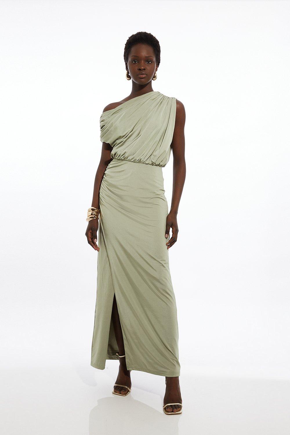 Drapey Slinky Jersey One Shoulder Maxi Dress - Sage