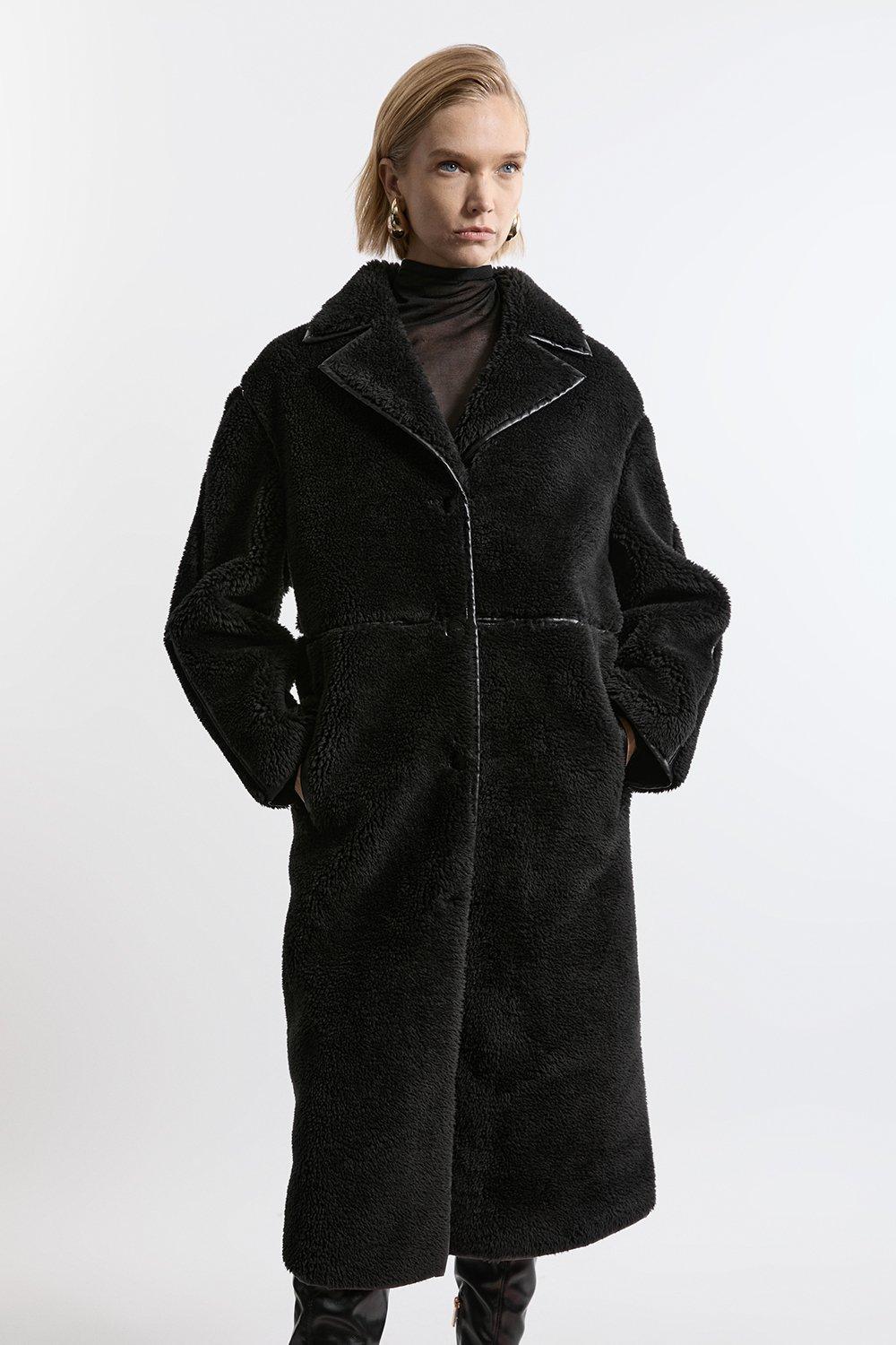 Faux Fur Pu Trim Longline Coat - Black