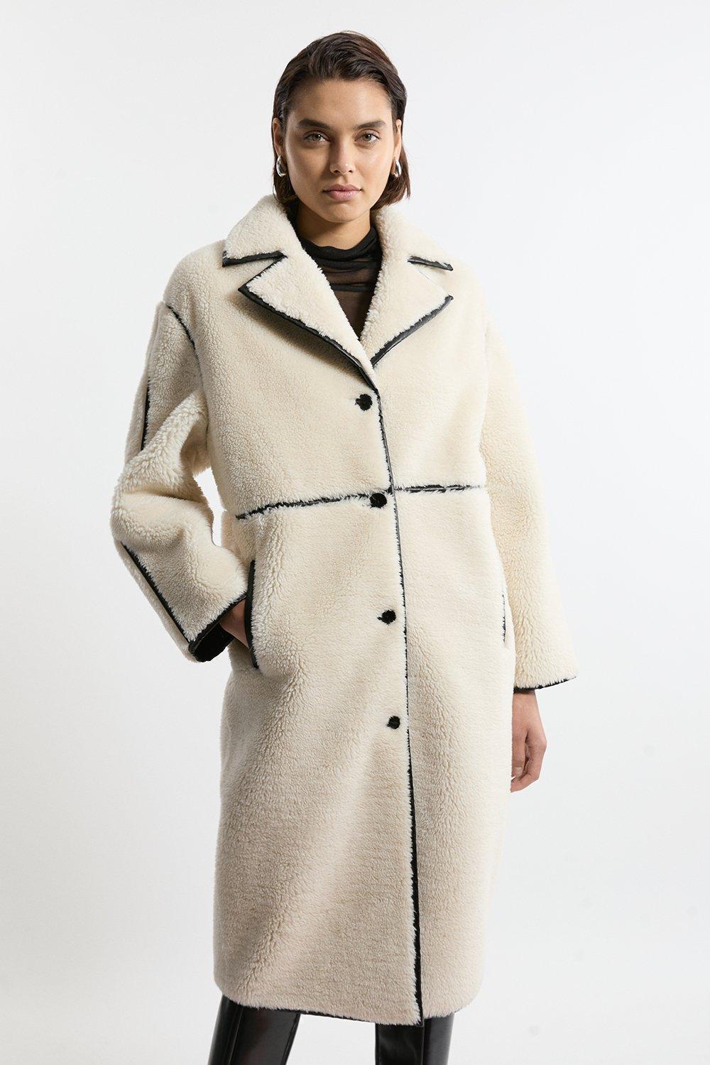 Faux Fur Pu Trim Longline Coat - Ivory