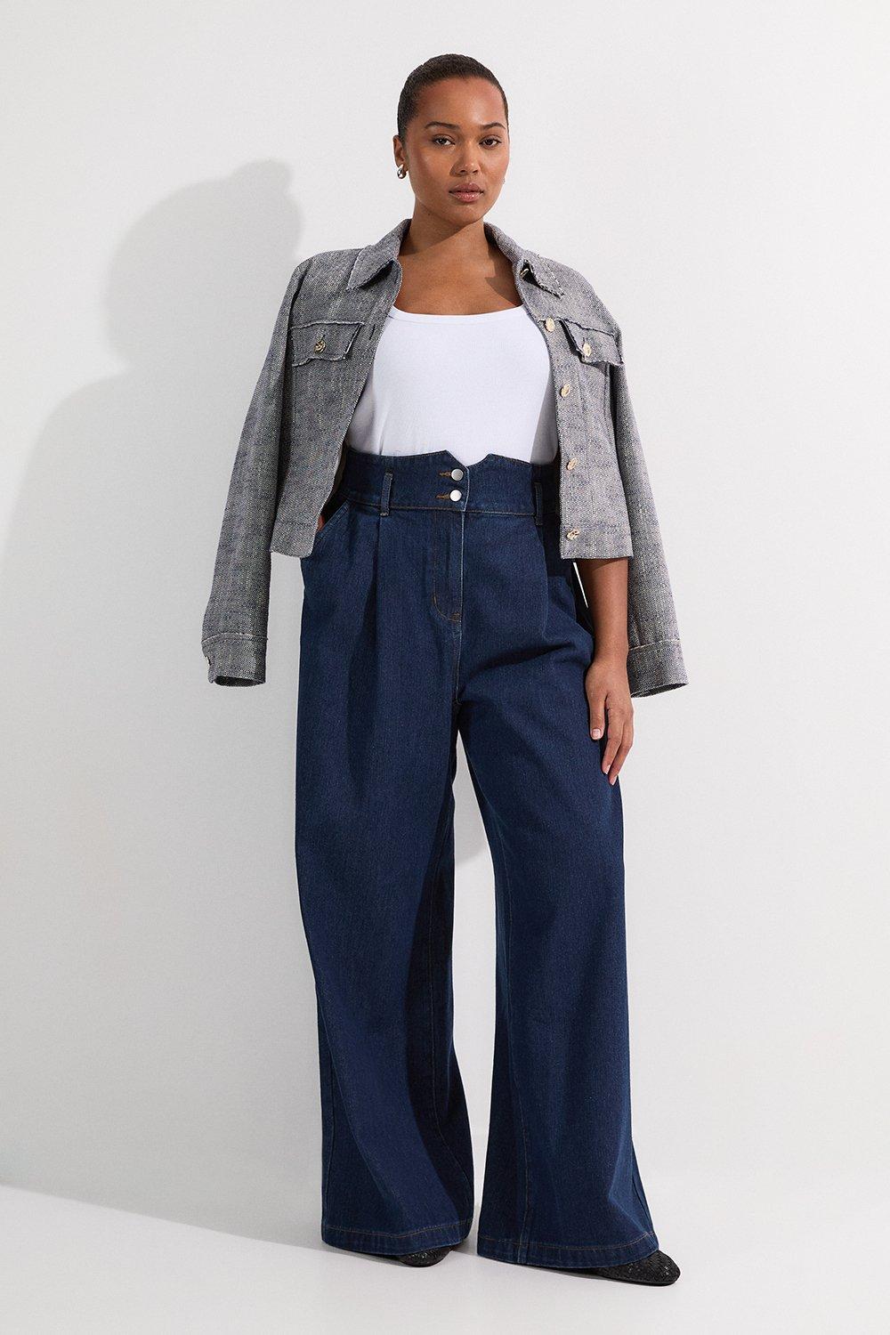 Plus Size Denim Wide Leg Trousers - Indigo