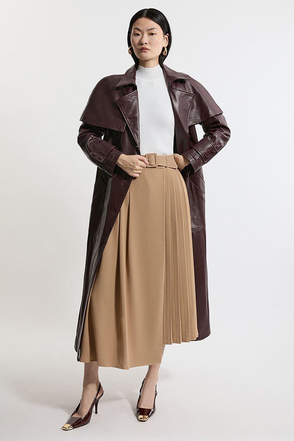 Petite Size Soft Tailored Crepe Belted Pleated Midi Skirt - Camel