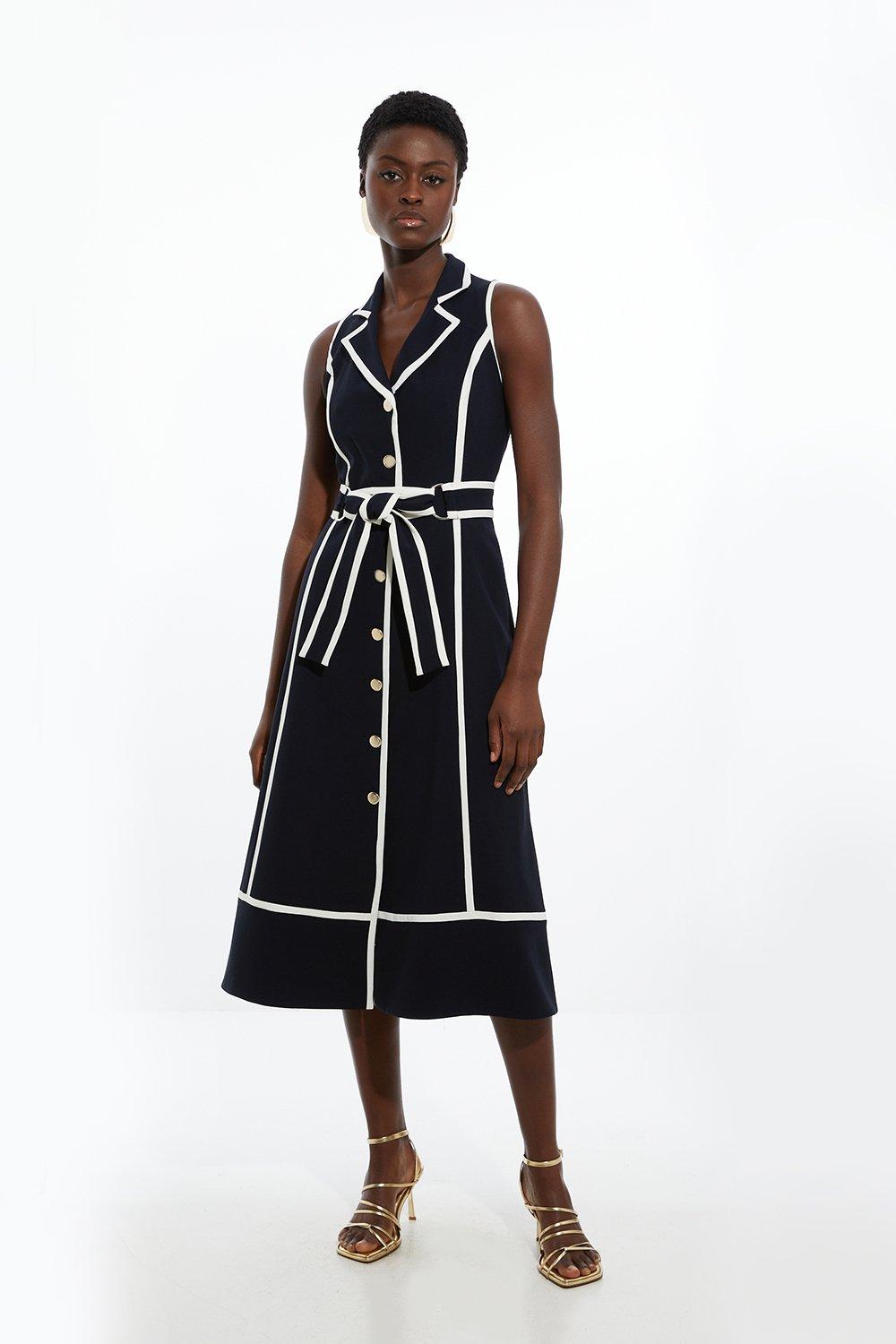 Fluid Tailored Sleeveless Belted Contrast Tipped Midaxi Shirt Dress - Navy