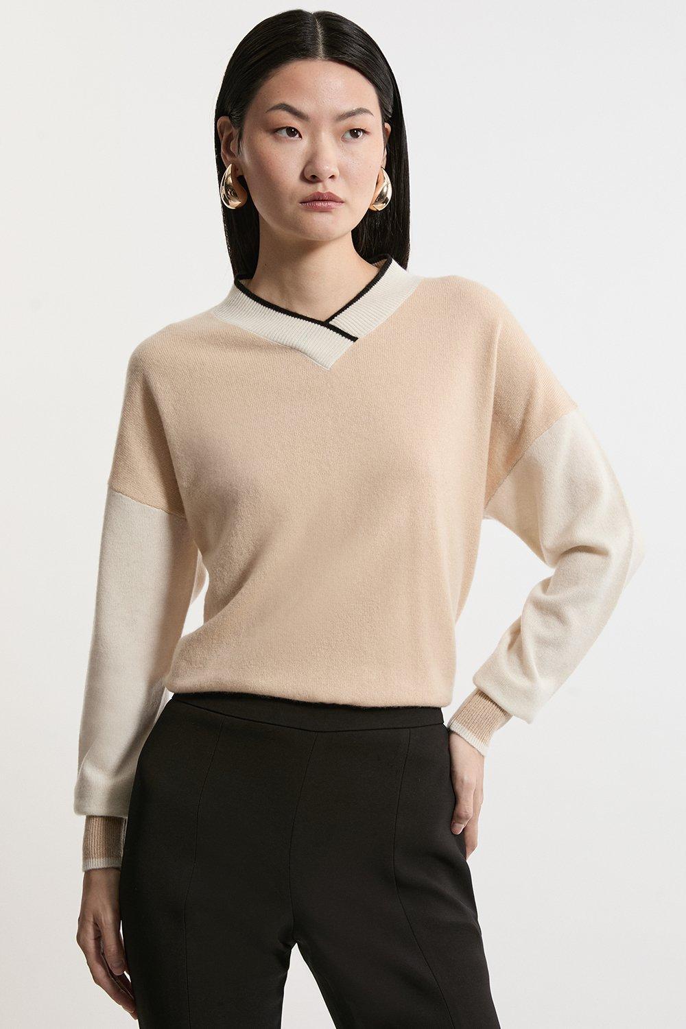 Cashmere Knitted V Neck Contrast Wrap Jumper - Camel