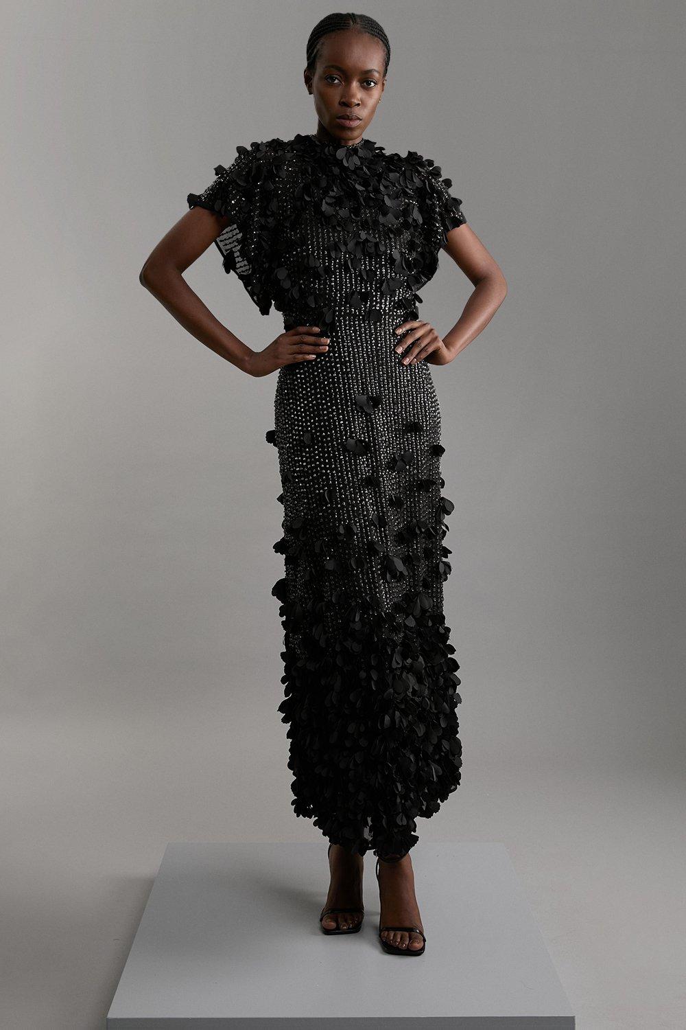Petite Crystal Applique Angel Sleeve Midaxi Dress - Black
