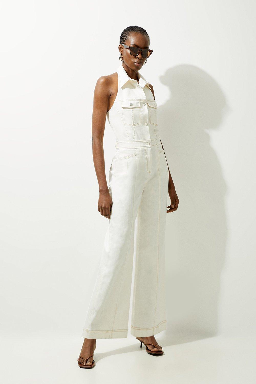 Tailored Denim Halterneck Wide Leg Jumpsuit - Ivory