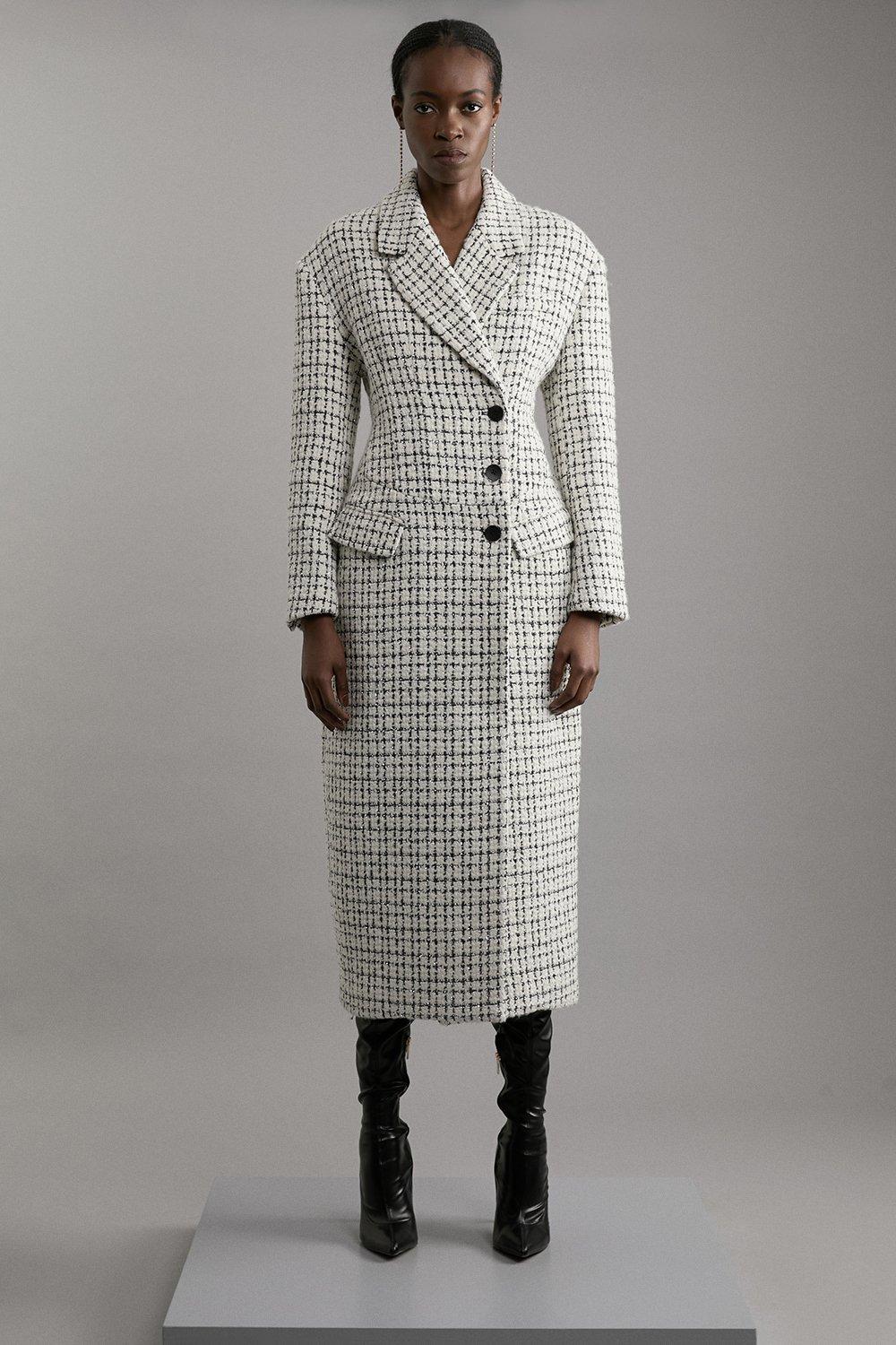 Metallic Texture Check Darted Waist Midaxi Tailored Coat - Ivory