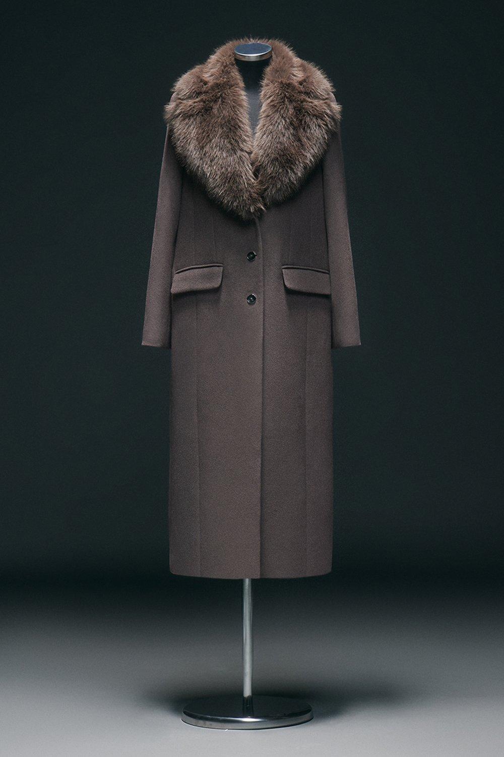 Wool Blend Fur Trim Collar Tailored Midi Coat - Mushroom