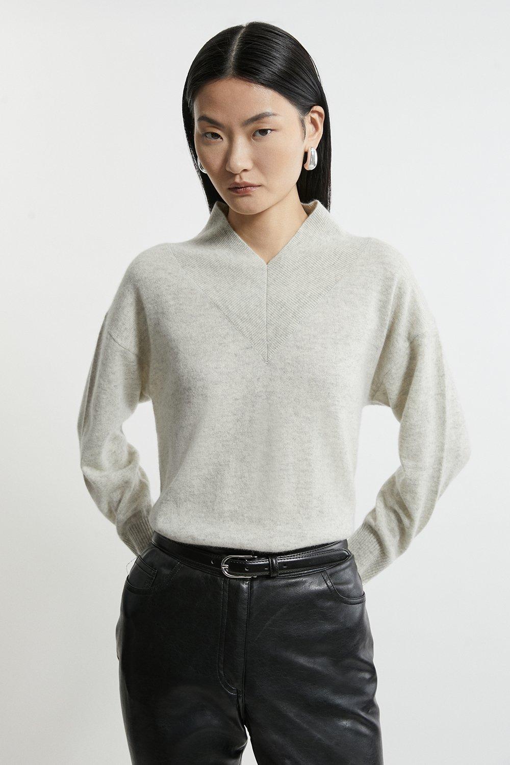 Cashmere Knitted Wide V Neck Jumper - Grey Marl