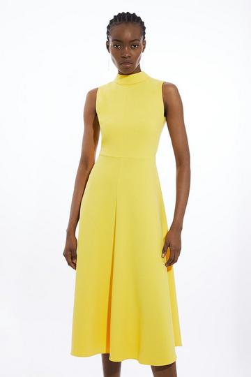 Tailored Stretch High Neck Tie Detail Midi Dress yellow