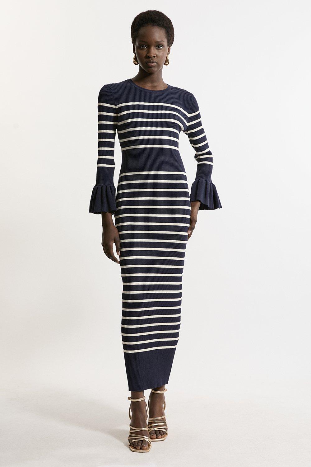 Full Sleeve Rib Knit Midi Dress - Navy