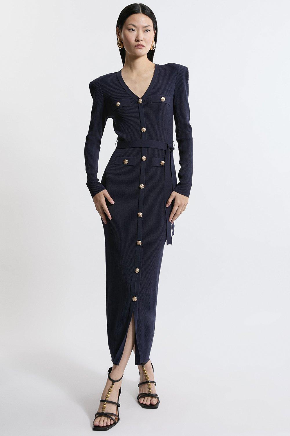 Viscose Blend Rib Military Detail Knit Midaxi Dress - Navy