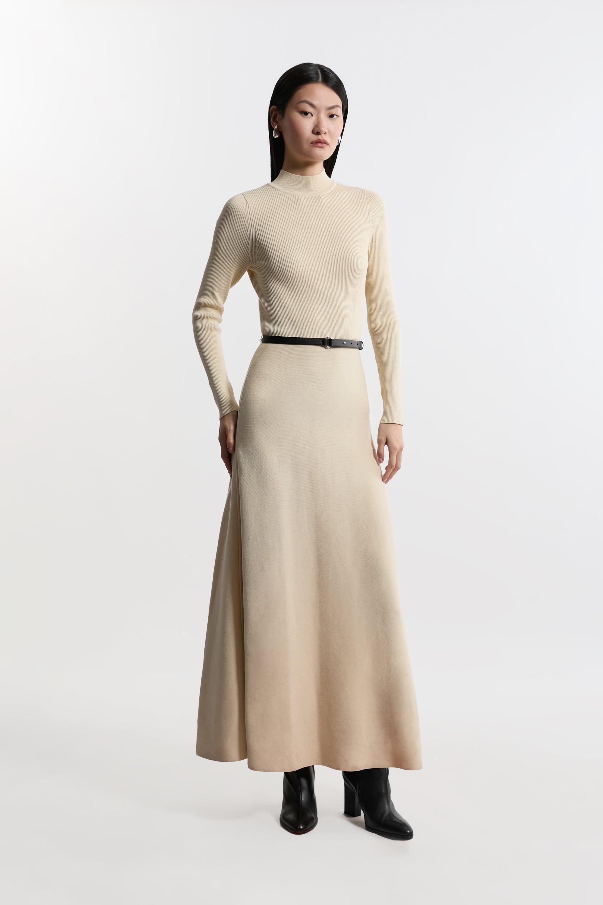 Viscose Blend Rib Knit Belted Midi Dress - Ivory