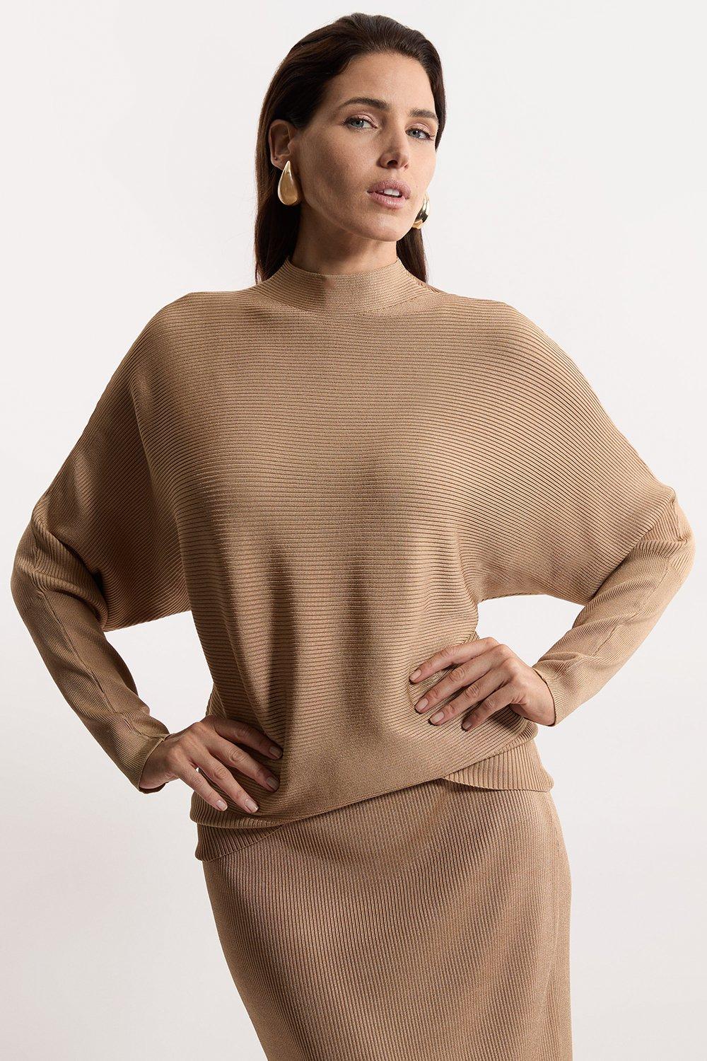 Slinky Drape Batwing Sleeve Knit Top - Neutral