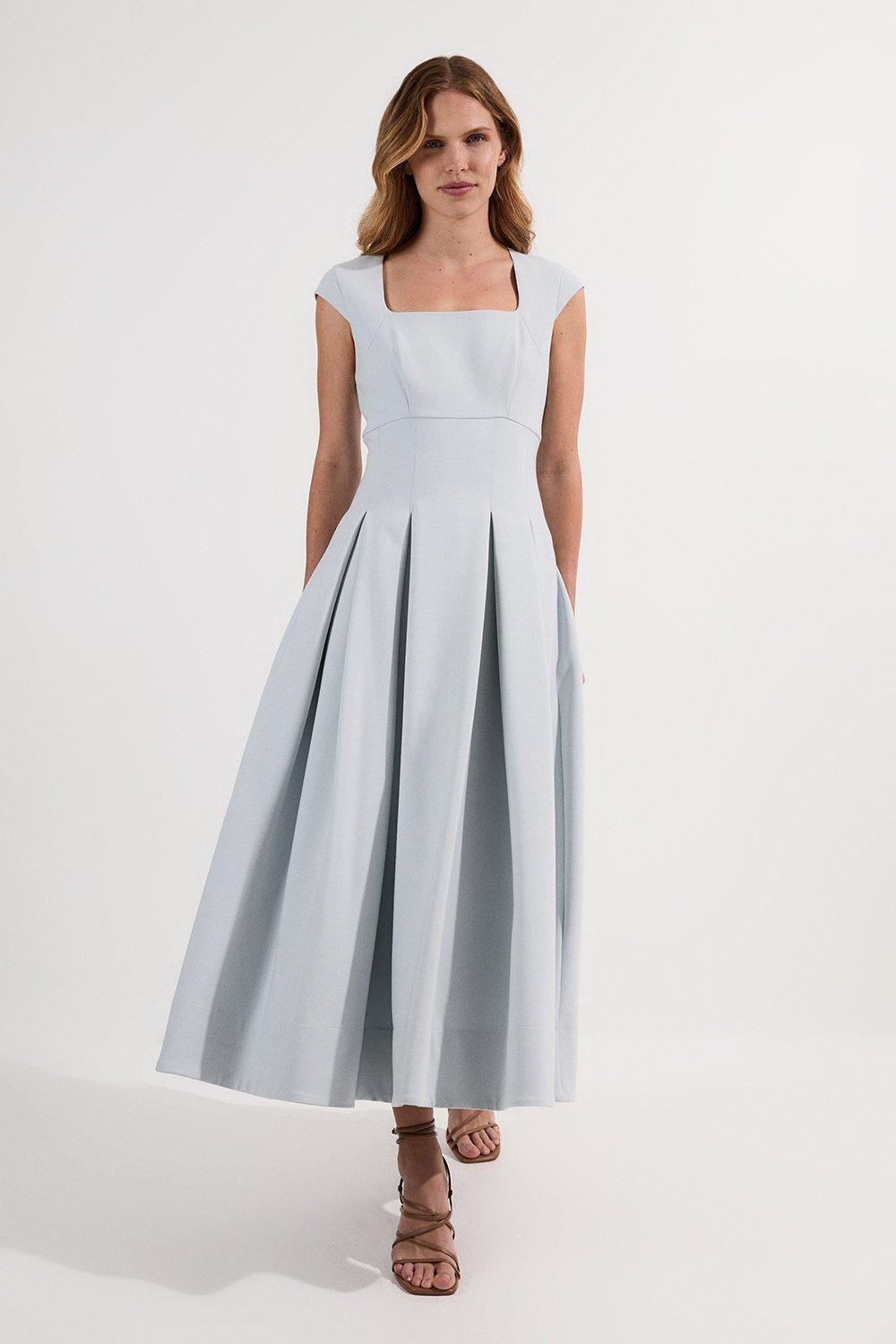 Compact Stretch Tailored Square Neck Full Skirted Midi Dress - Pale Blue