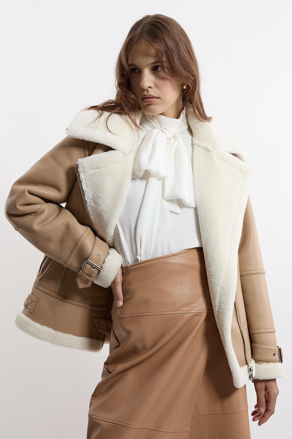 Faux Fur Zipped Longline Biker Jacket - Beige