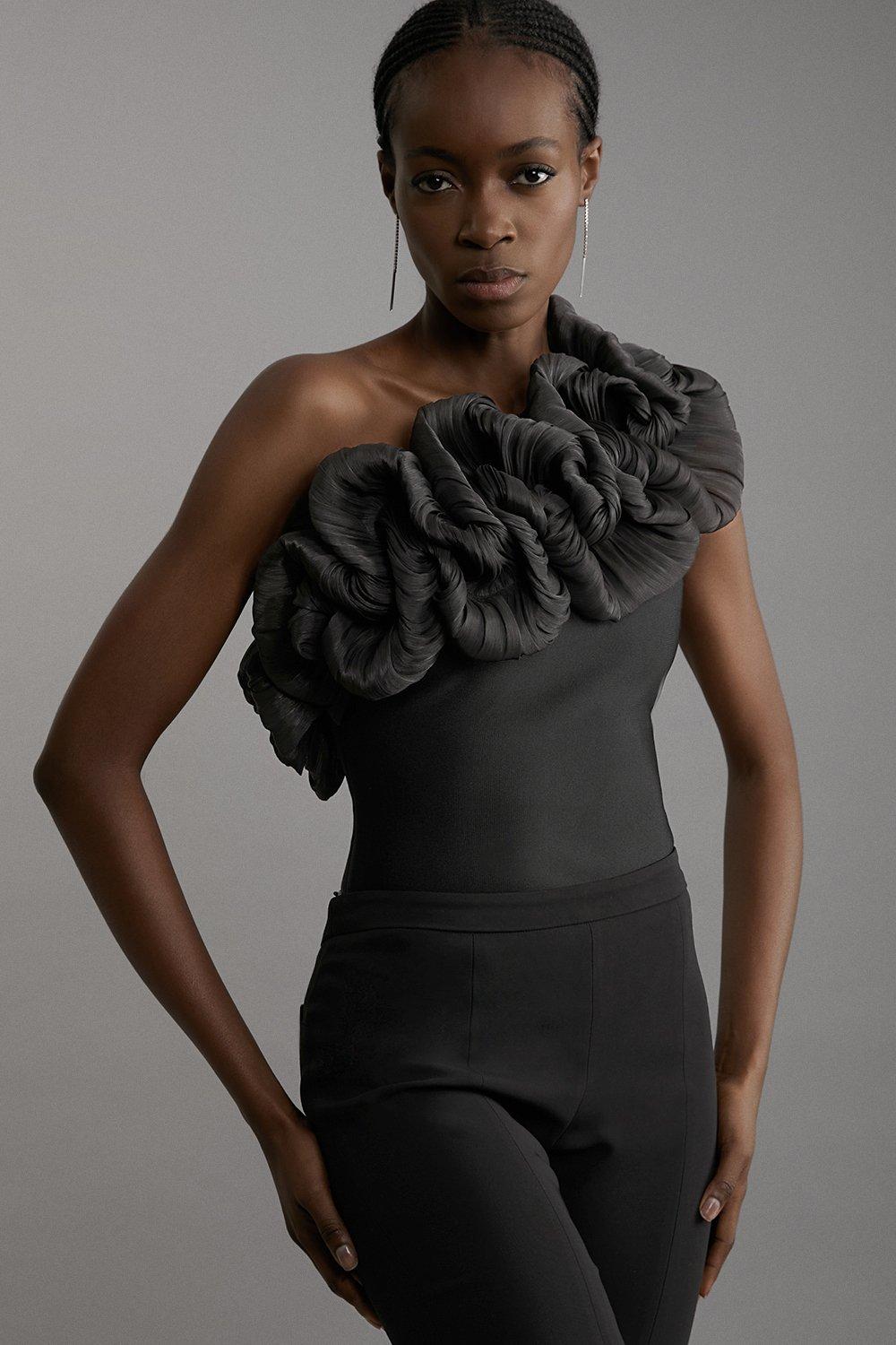 Figure Form Bandage Silk Look Knit Bodysuit - Black
