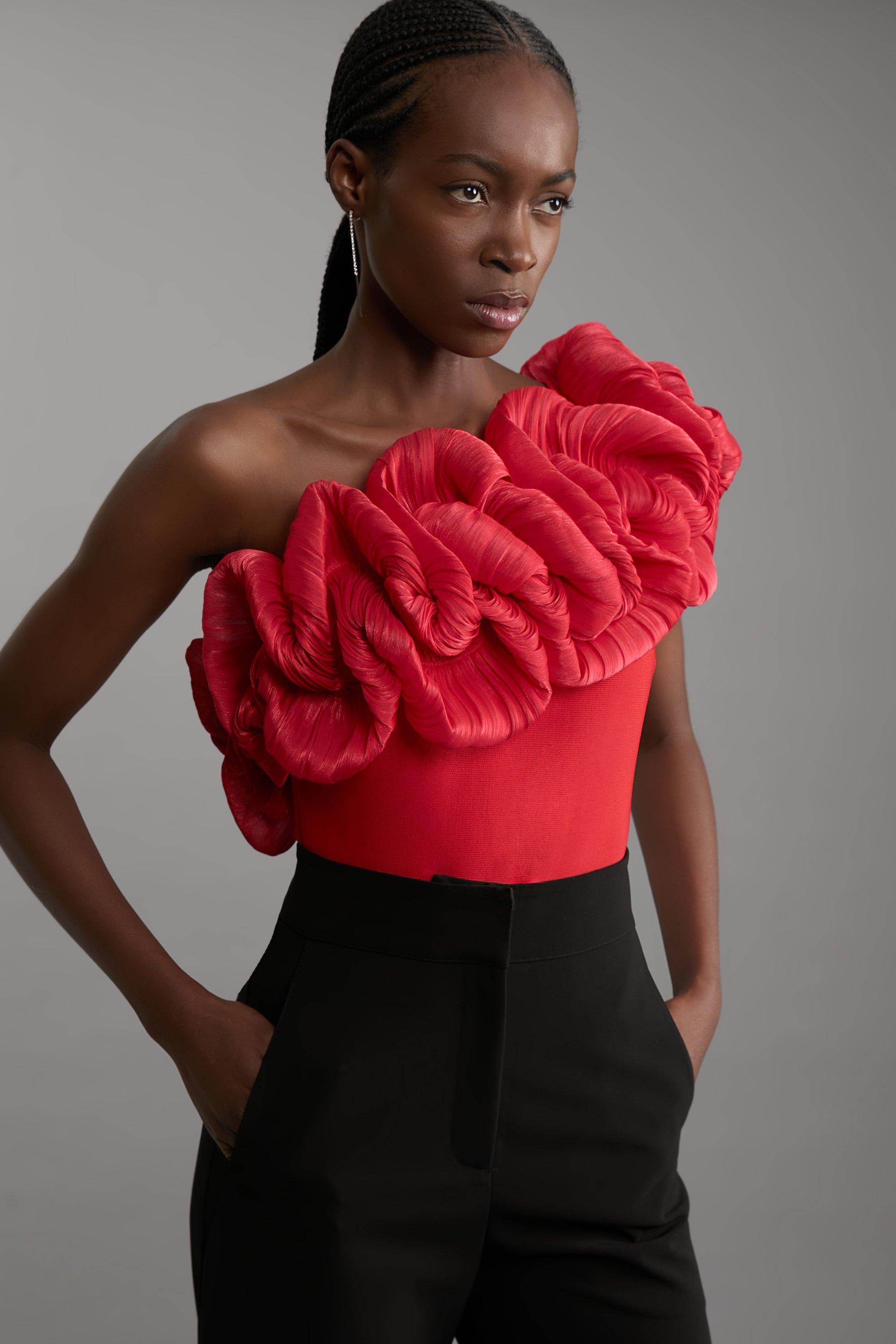 Figure Form Bandage Silk Look Knit Bodysuit - Red