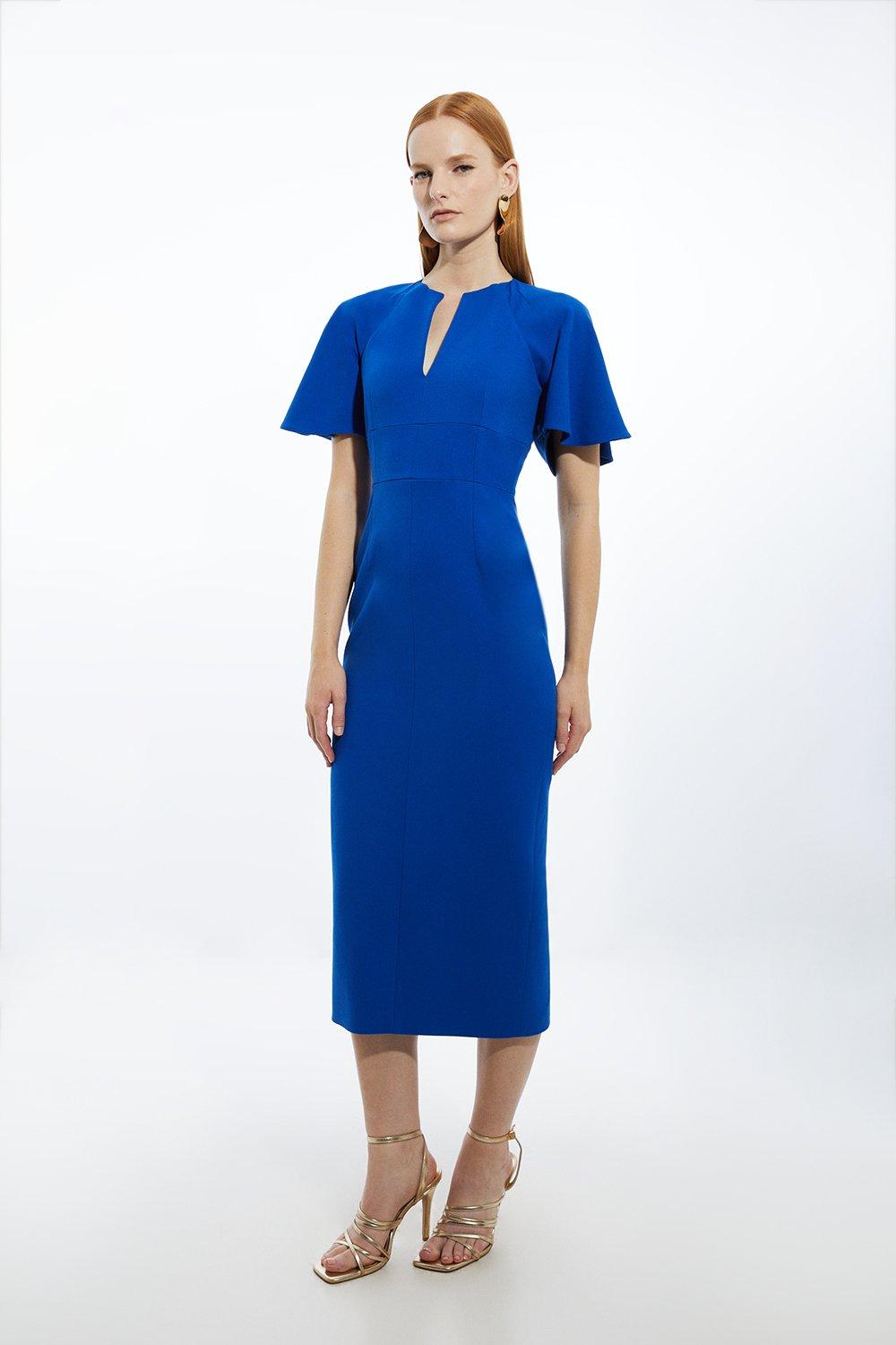 Structured Crepe Ruffle Sleeve Tailored Midi Pencil Dress - Blue