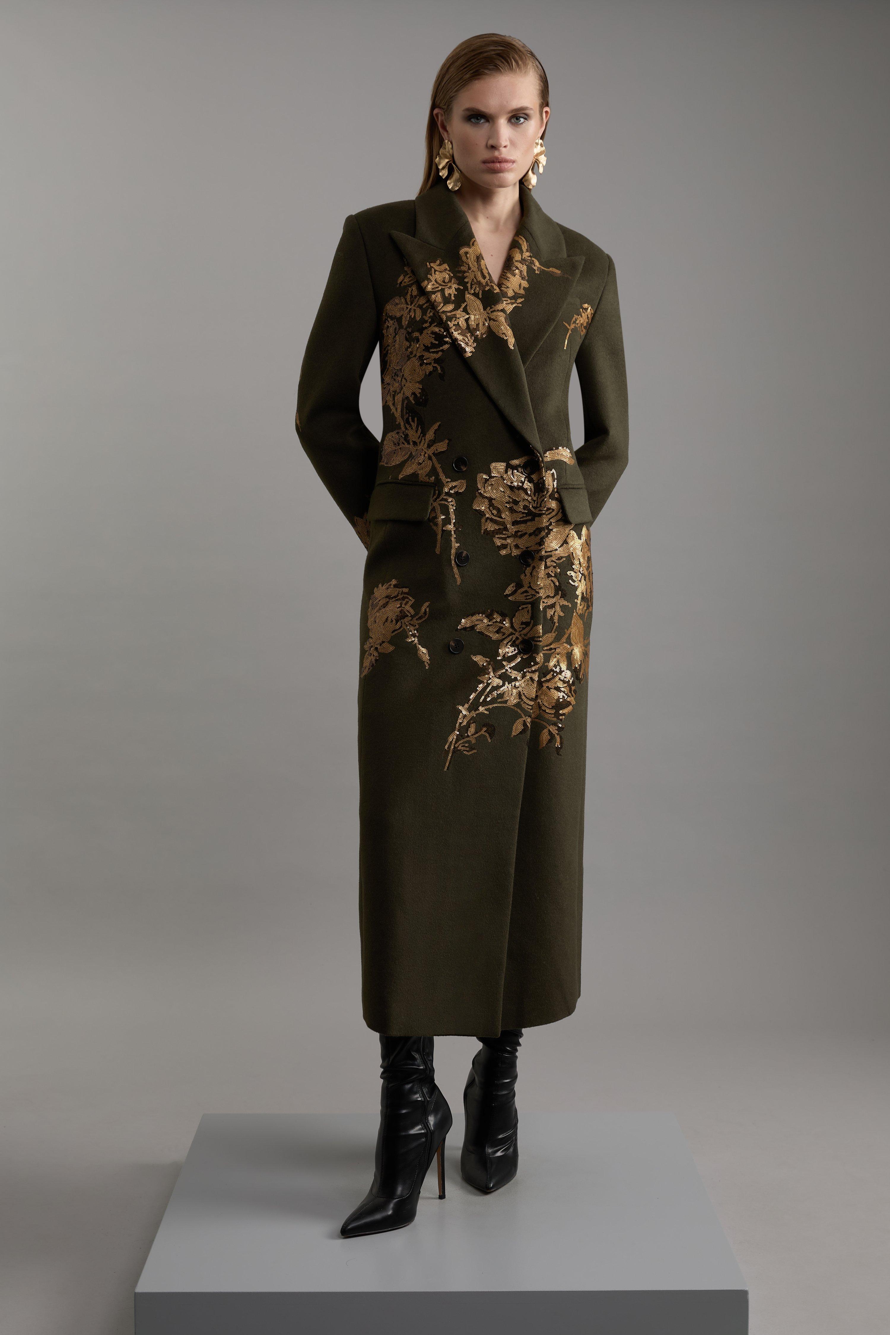 Wool Blend Sequin Embellished Placed Double Breasted Tailored Midiaxi Coat - Khaki/Green