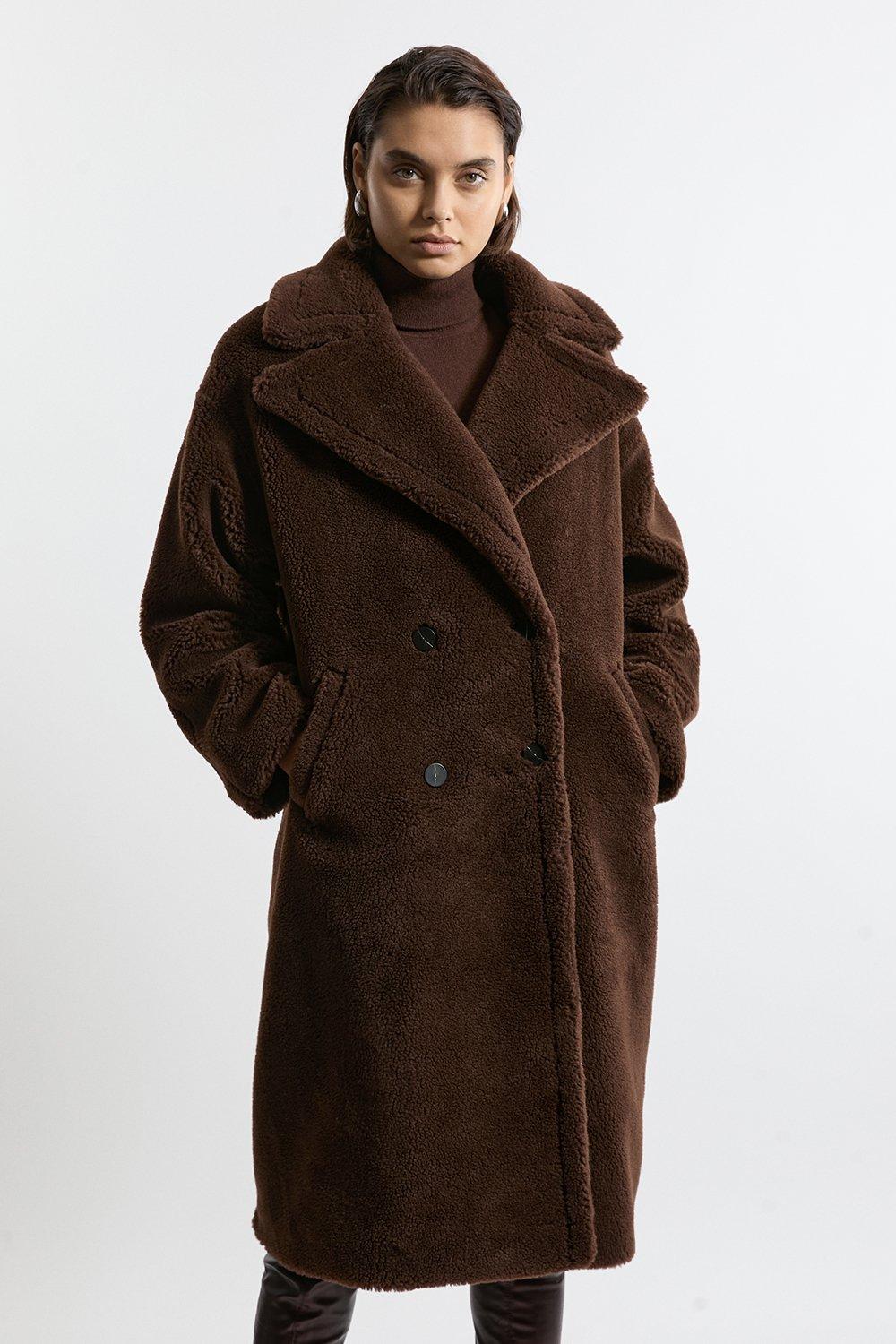 Petite Faux Fur Teddy Longline Coat - Brown