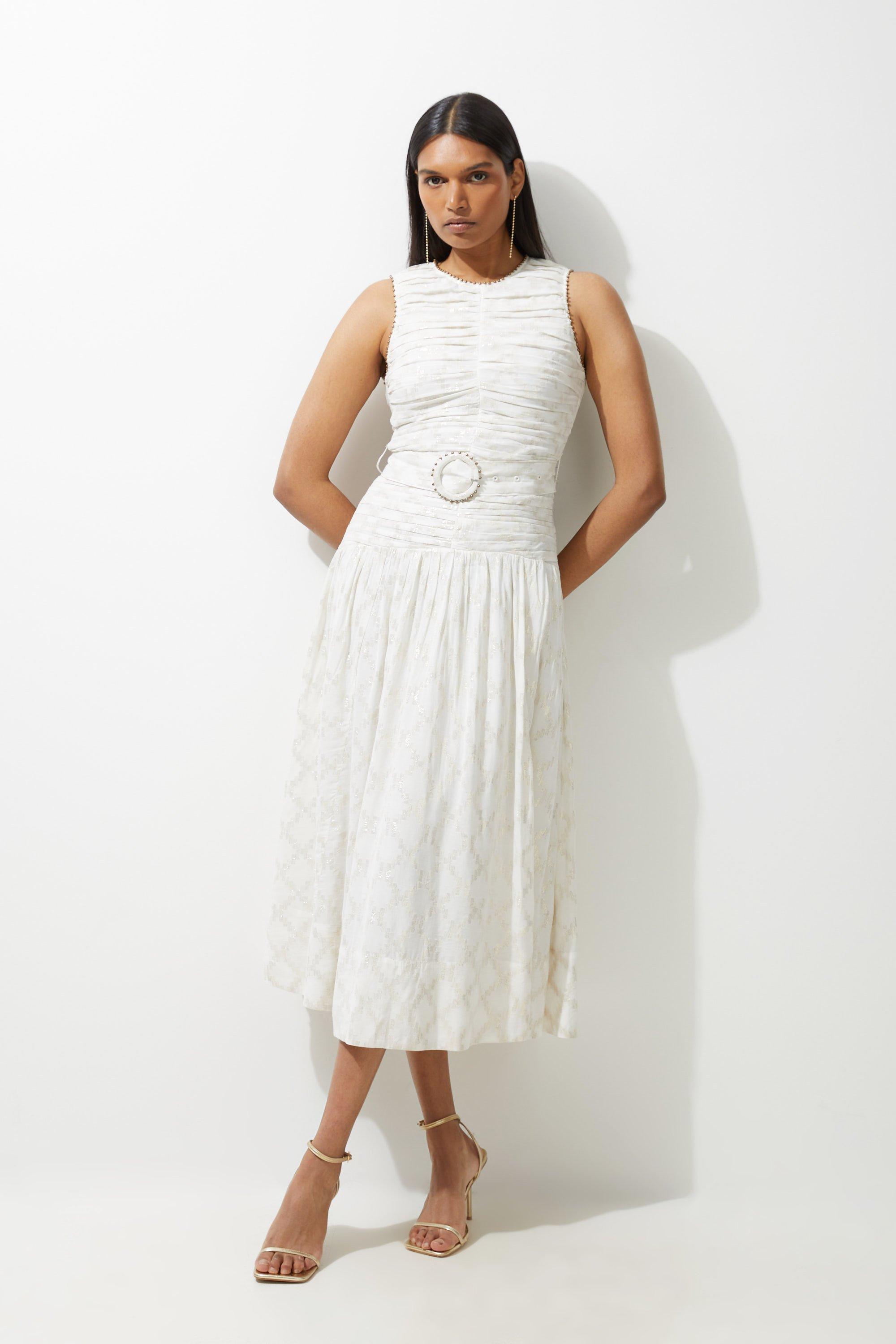 Viscose Metallic Thread Beaded Woven Midi Dress - Ivory