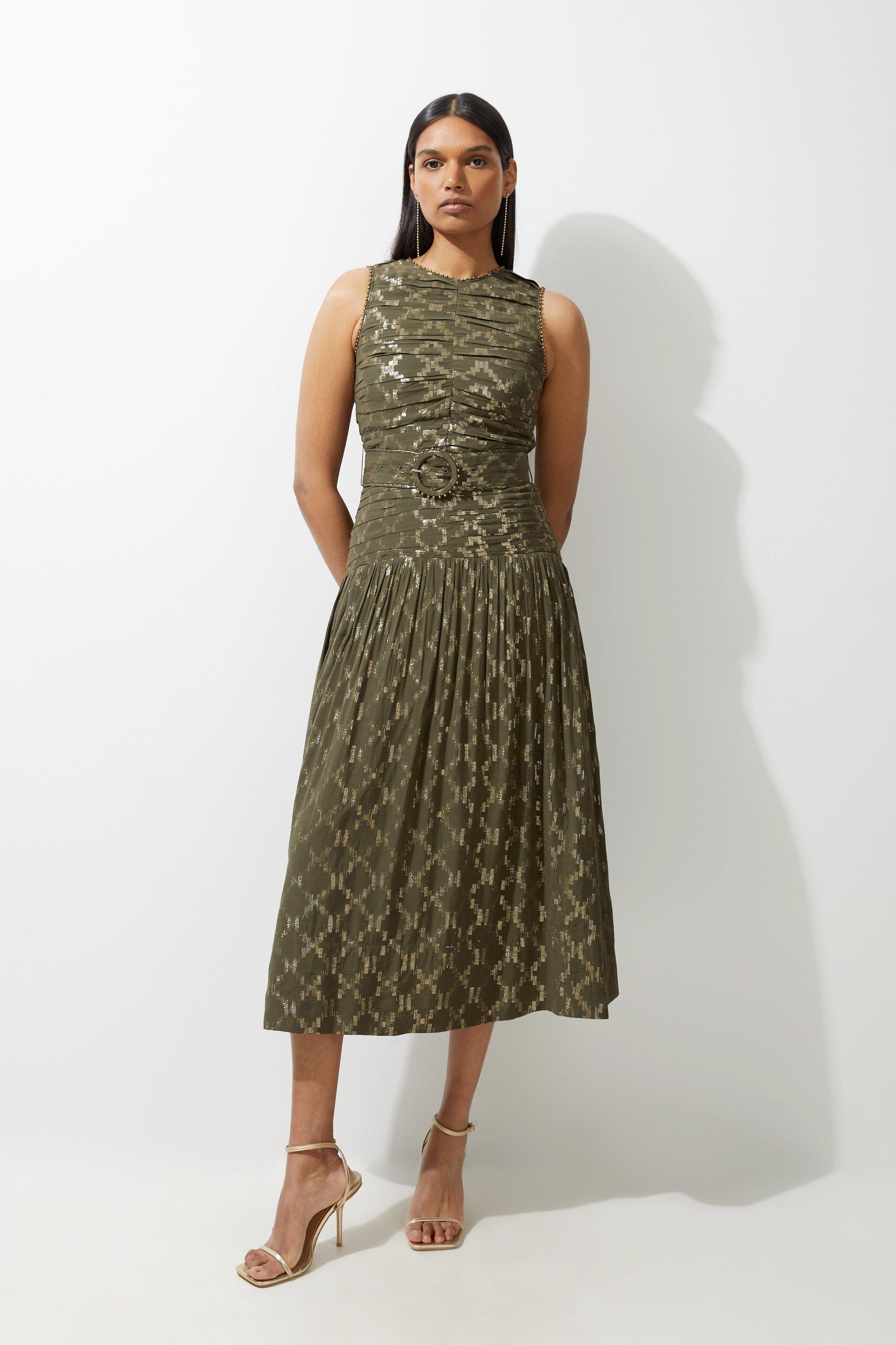 Viscose Metallic Thread Beaded Woven Midi Dress - Khaki/Green