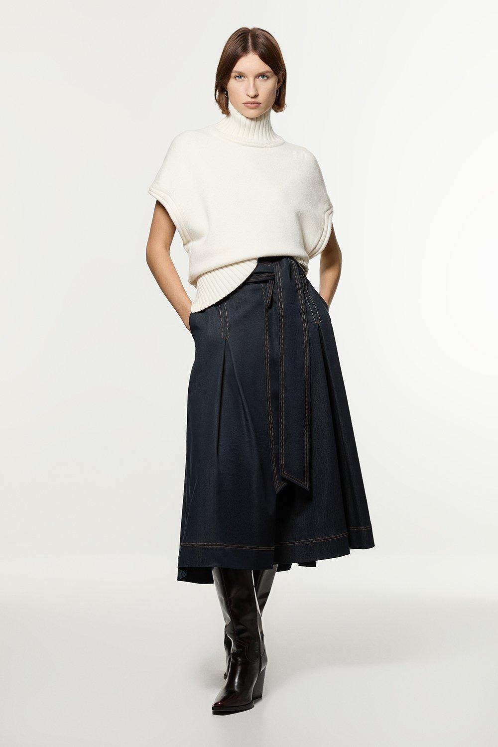 Tailored Denim Full Skirted Belted Midaxi Skirt - Indigo