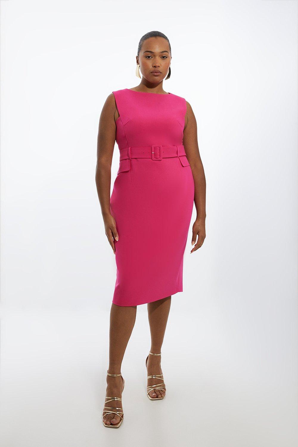 Plus Size Compact Stretch Belted Tailored Midi Pencil Dress - Pink