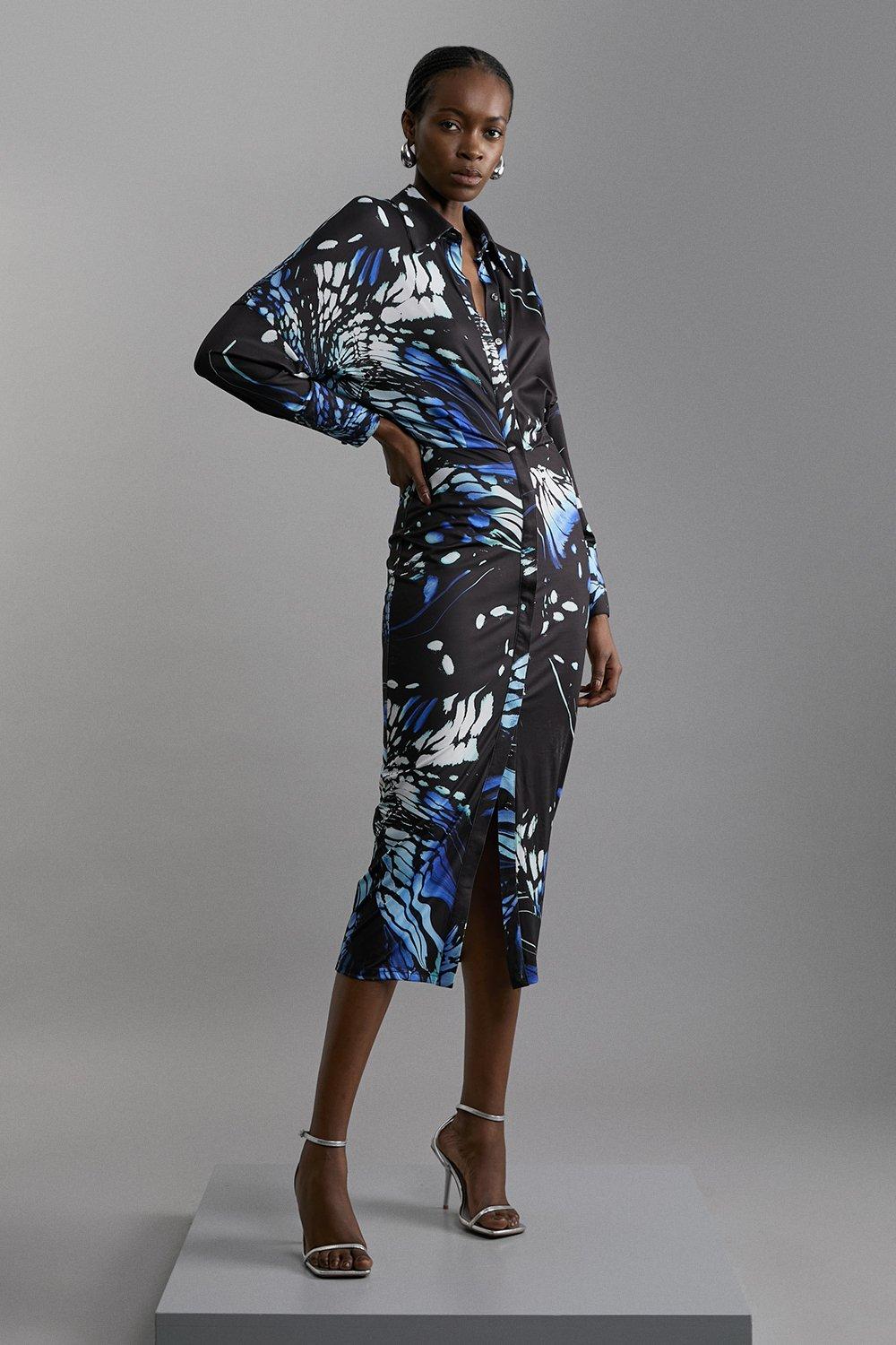 Abstract Swirl Printed Jersey Crepe Maxi Shirt Dress - Navy