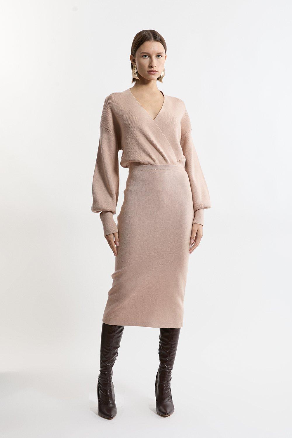 Wool Look Blouson Sleeve Midaxi Knit Pencil Dress - Tan