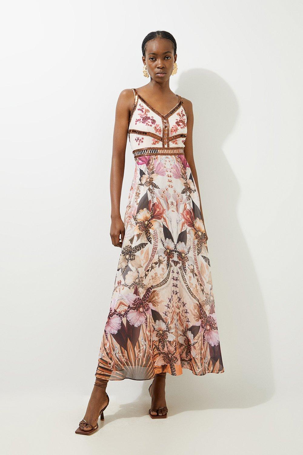 Petite Placed Floral Embroidered And Beaded Woven Strappy Maxi Dress