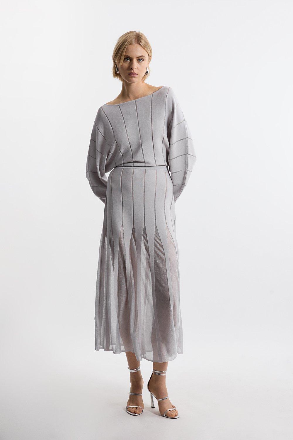 Rounded Sleeve Sheer Skirt Midaxi Knit Dress - Silver