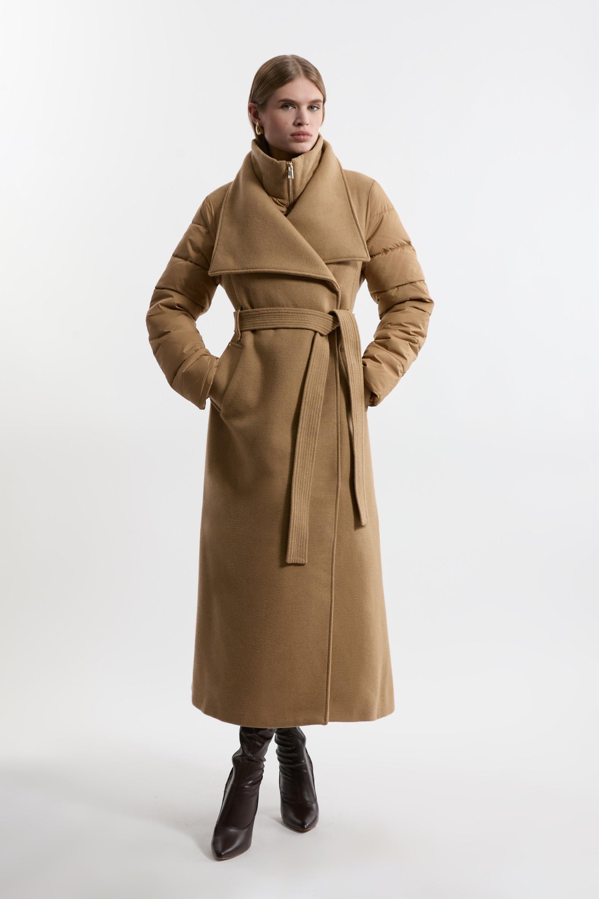 Petite Wool Blend Hybrid Puffer Belted Midi Coat - Camel