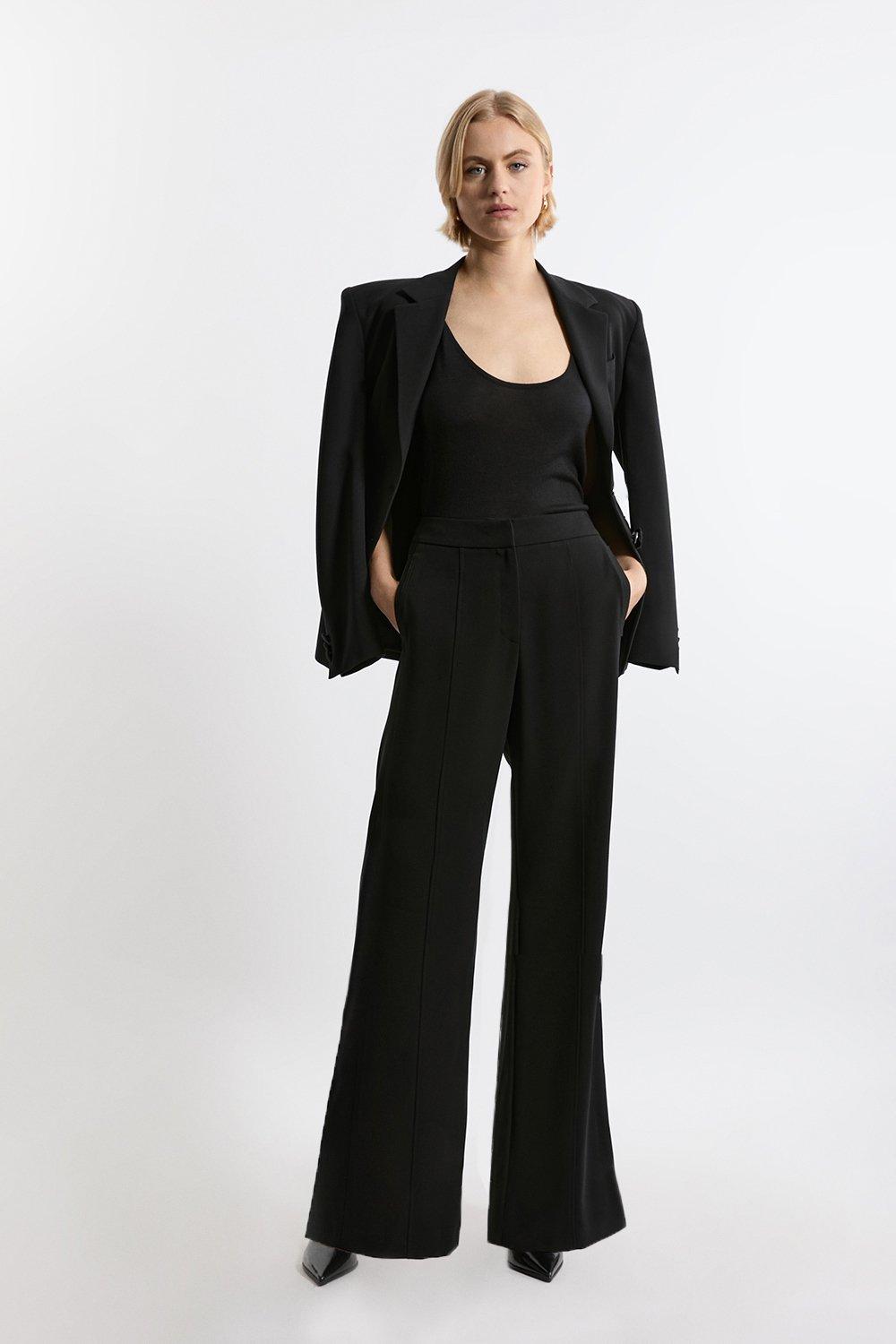 Petite Tailored Crepe Seam Detail Straight Leg Trousers - Black