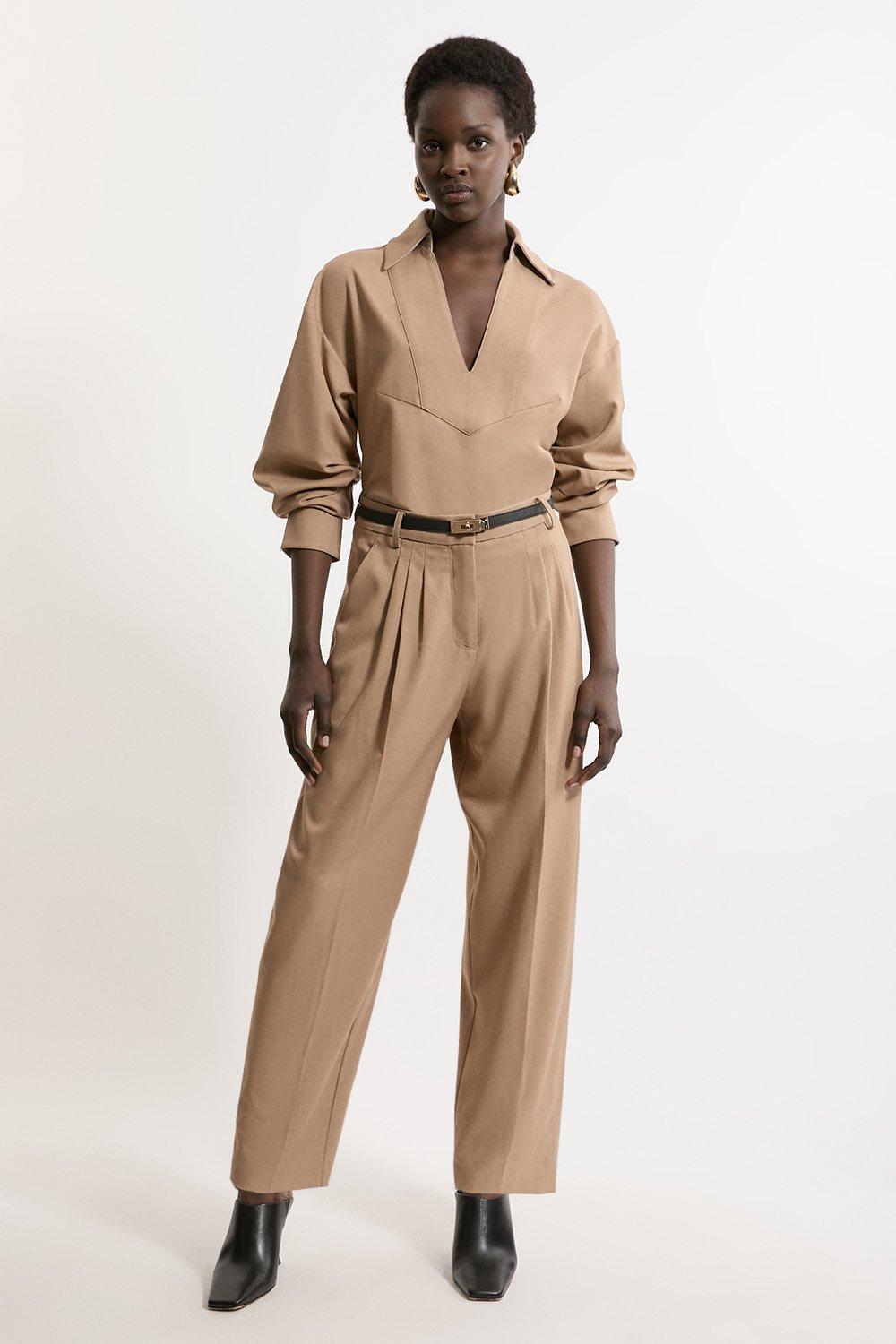 Tailored Cropped Straight Leg Darted Trousers - Camel