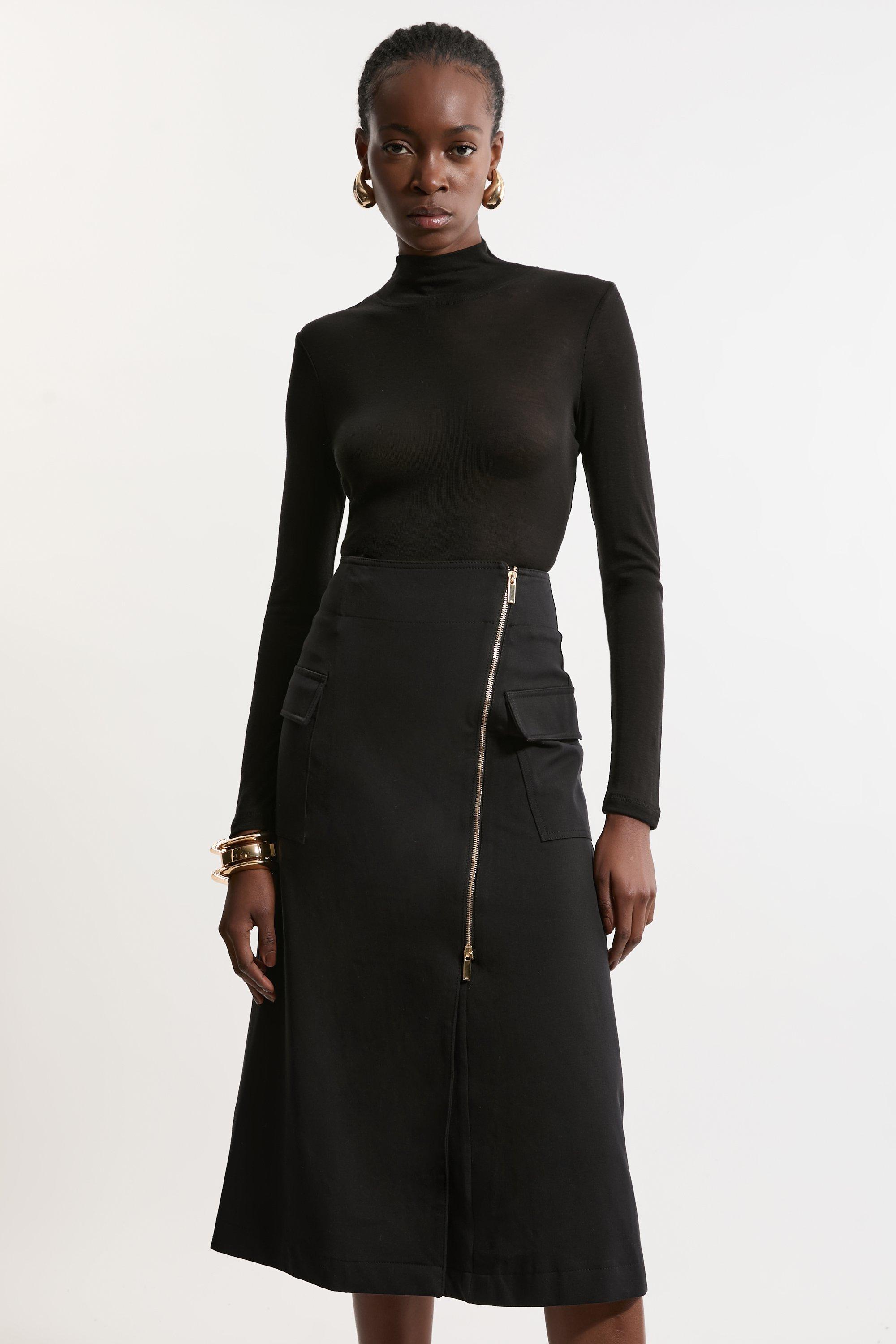 Tailored Asymmetric Wrap Zip Midi Skirt - Black