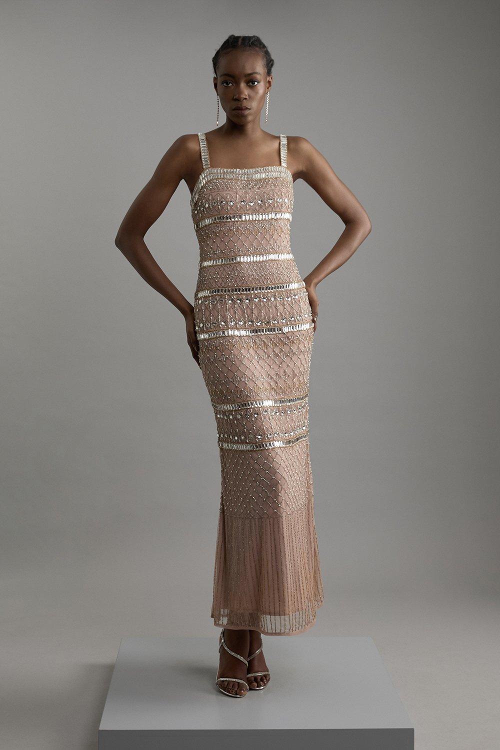 Petite Embellished And Beaded Strappy Maxi Dress - Nude