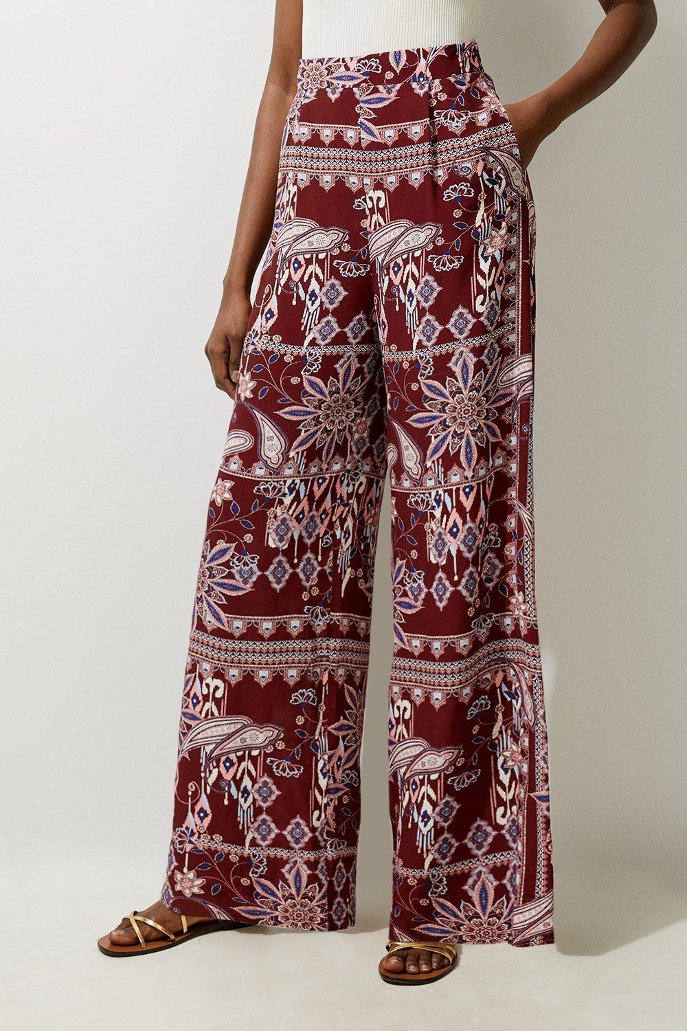 Mixed Print Viscose Crepe Woven High Waisted Trousers - Orange