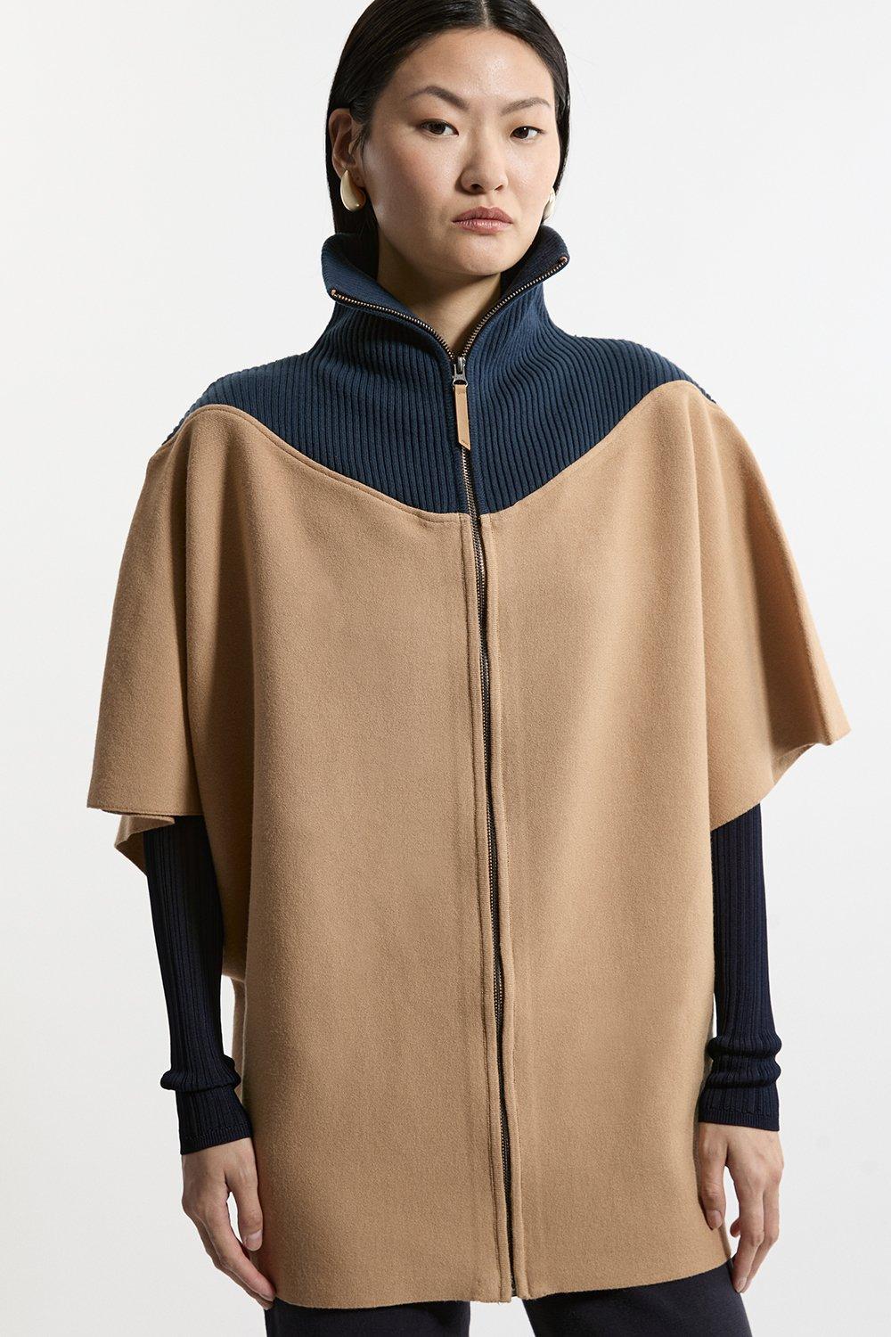 Zip Through Collared Knit Poncho - Camel