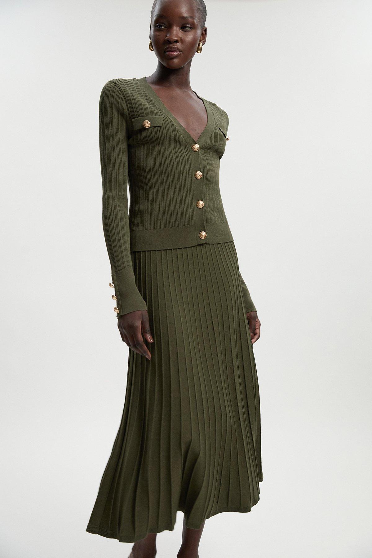 High Waisted Textured Knit Full Maxi Skirt - Olive